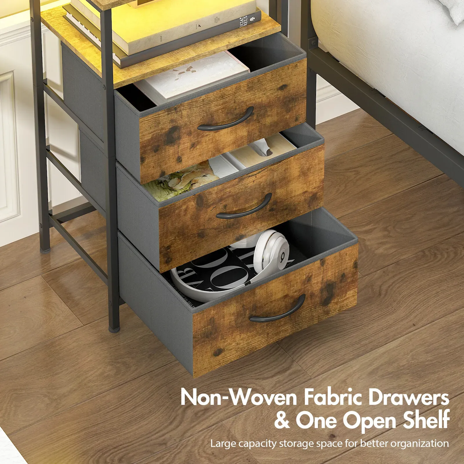 Nightstand with RGB LED Light and Charging Station, Brown, 40x30x70cm view 7