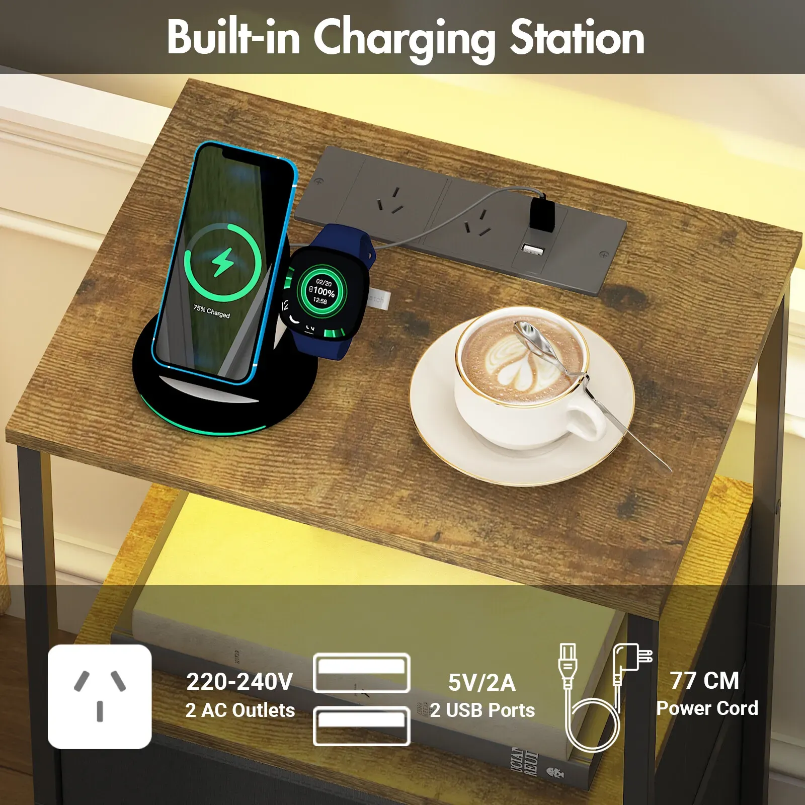 Black and Brown Nightstand with LED Light, Charging Station, and Storage - 60x40cm view 2