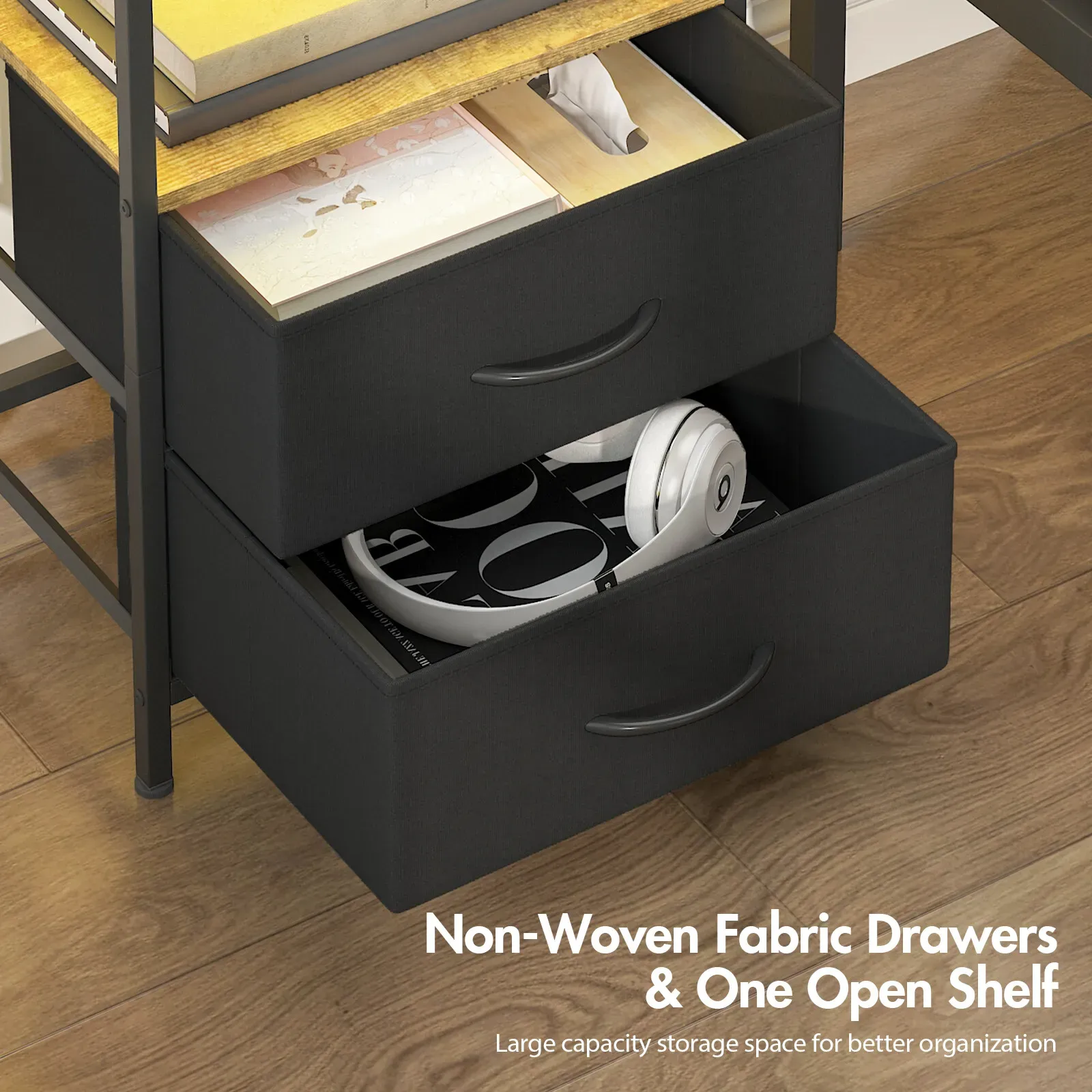 Black and Brown Nightstand with LED Light, Charging Station, and Storage - 60x40cm view 4