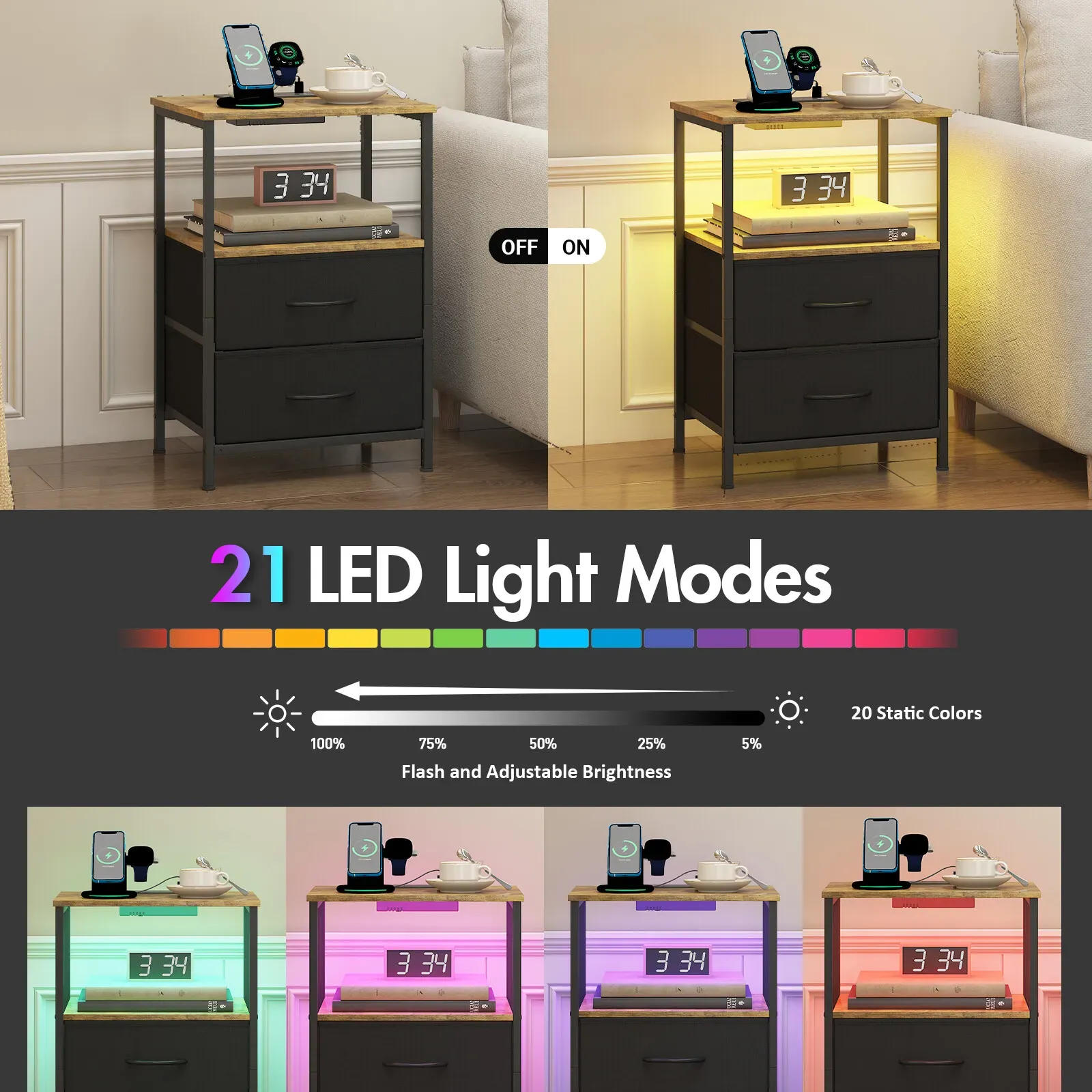 Black and Brown Nightstand with LED Light, Charging Station, and Storage - 60x40cm view 6