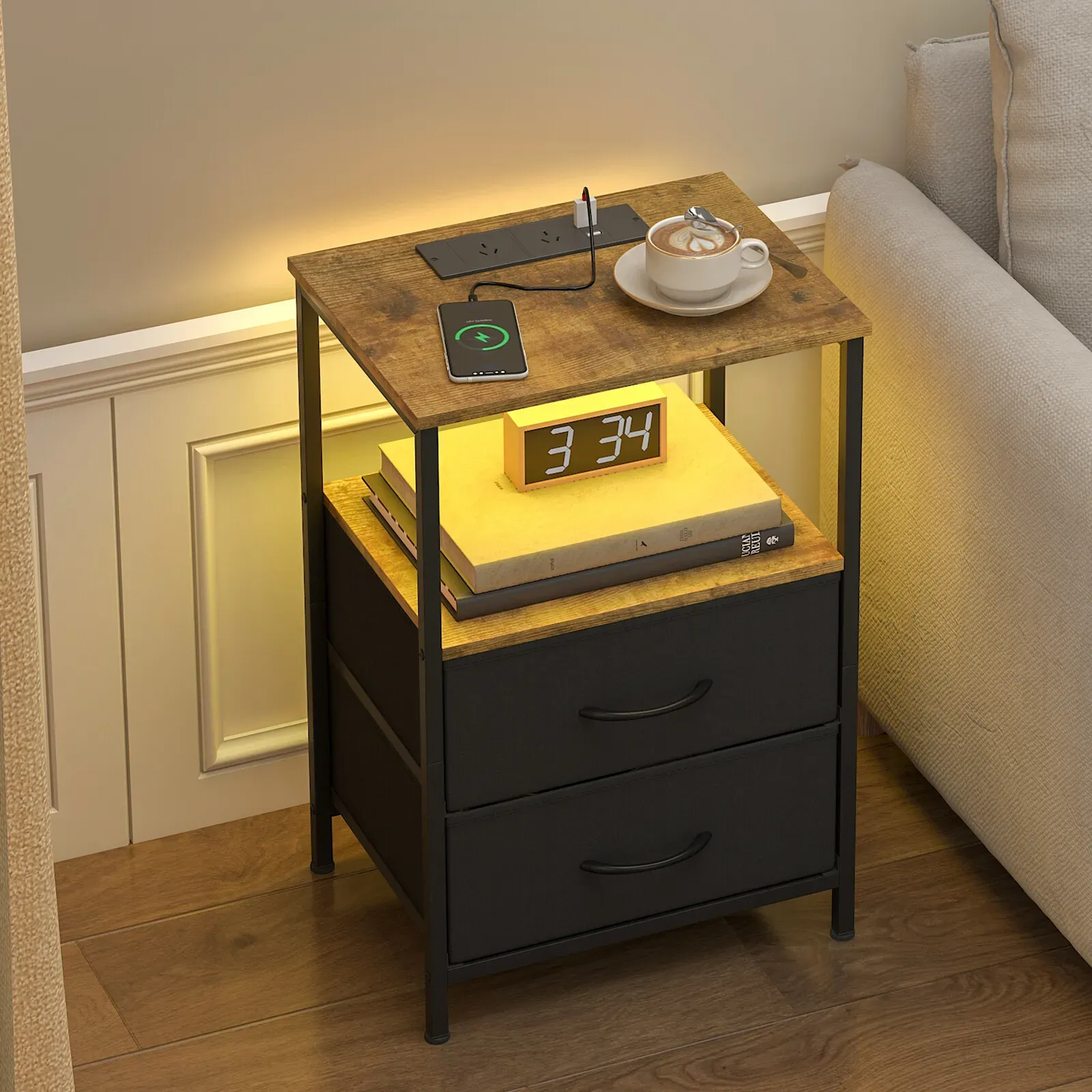 Black and Brown Nightstand with LED Light, Charging Station, and Storage - 60x40cm view 7