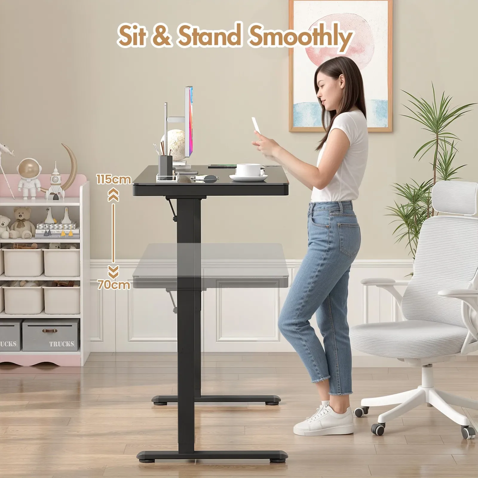 Electric Standing Desk with Drawer, One-Piece Glass Desktop, Black, 120x60cm view 2