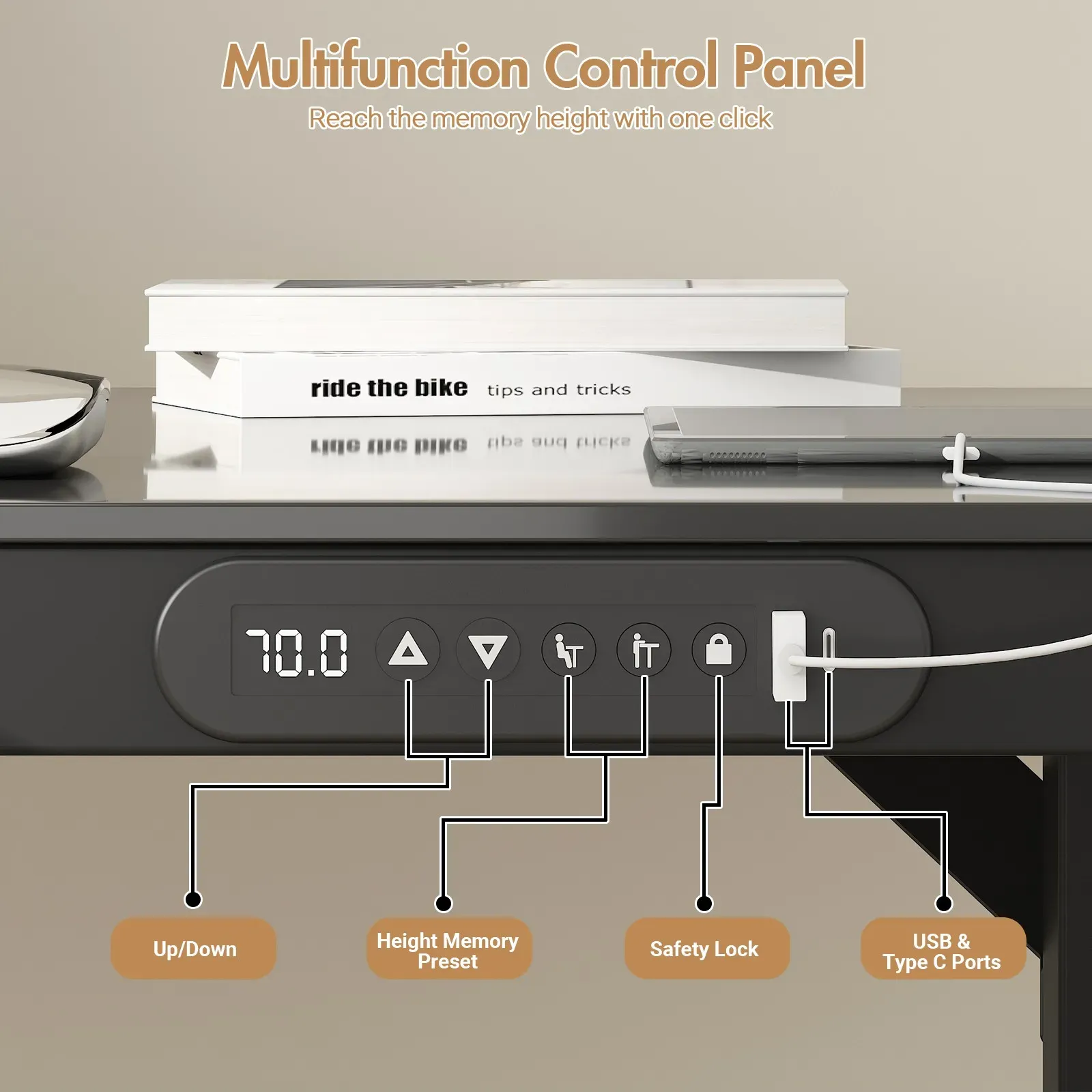 Electric Standing Desk with Drawer, One-Piece Glass Desktop, Black, 120x60cm view 4