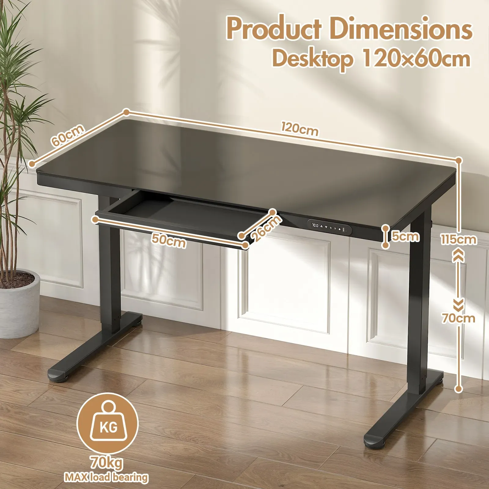 Electric Standing Desk with Drawer, One-Piece Glass Desktop, Black, 120x60cm view 5