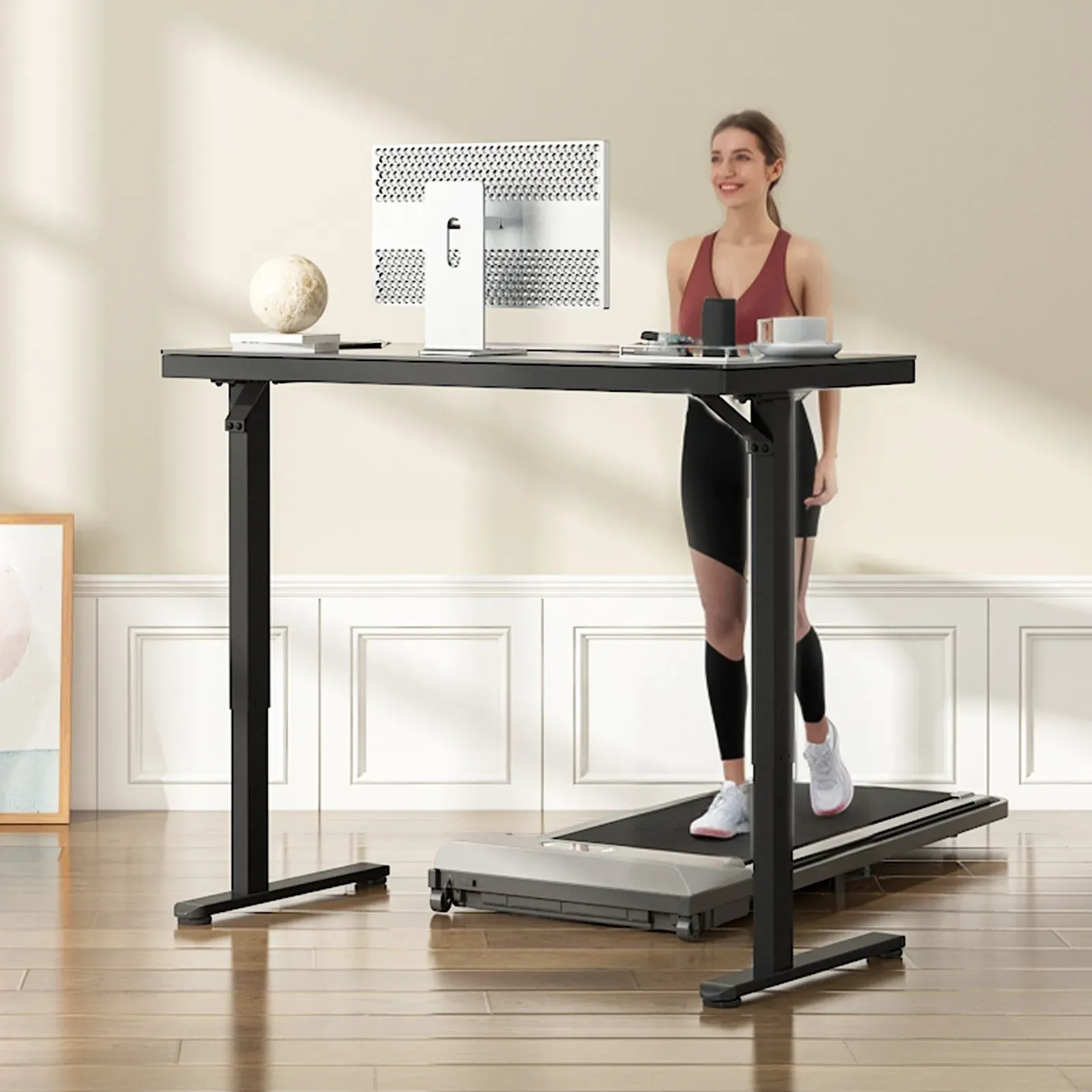 Electric Standing Desk with Drawer, One-Piece Glass Desktop, Black, 120x60cm view 6