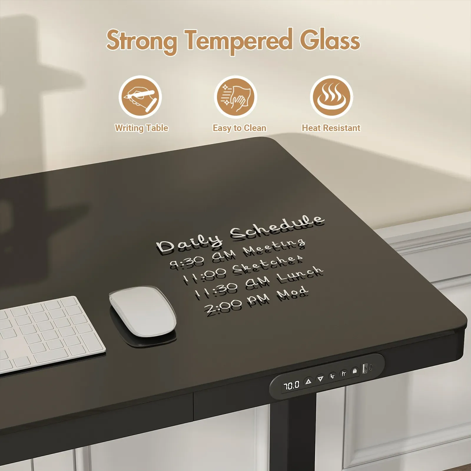 Electric Standing Desk with Drawer, One-Piece Glass Desktop, Black, 120x60cm view 7