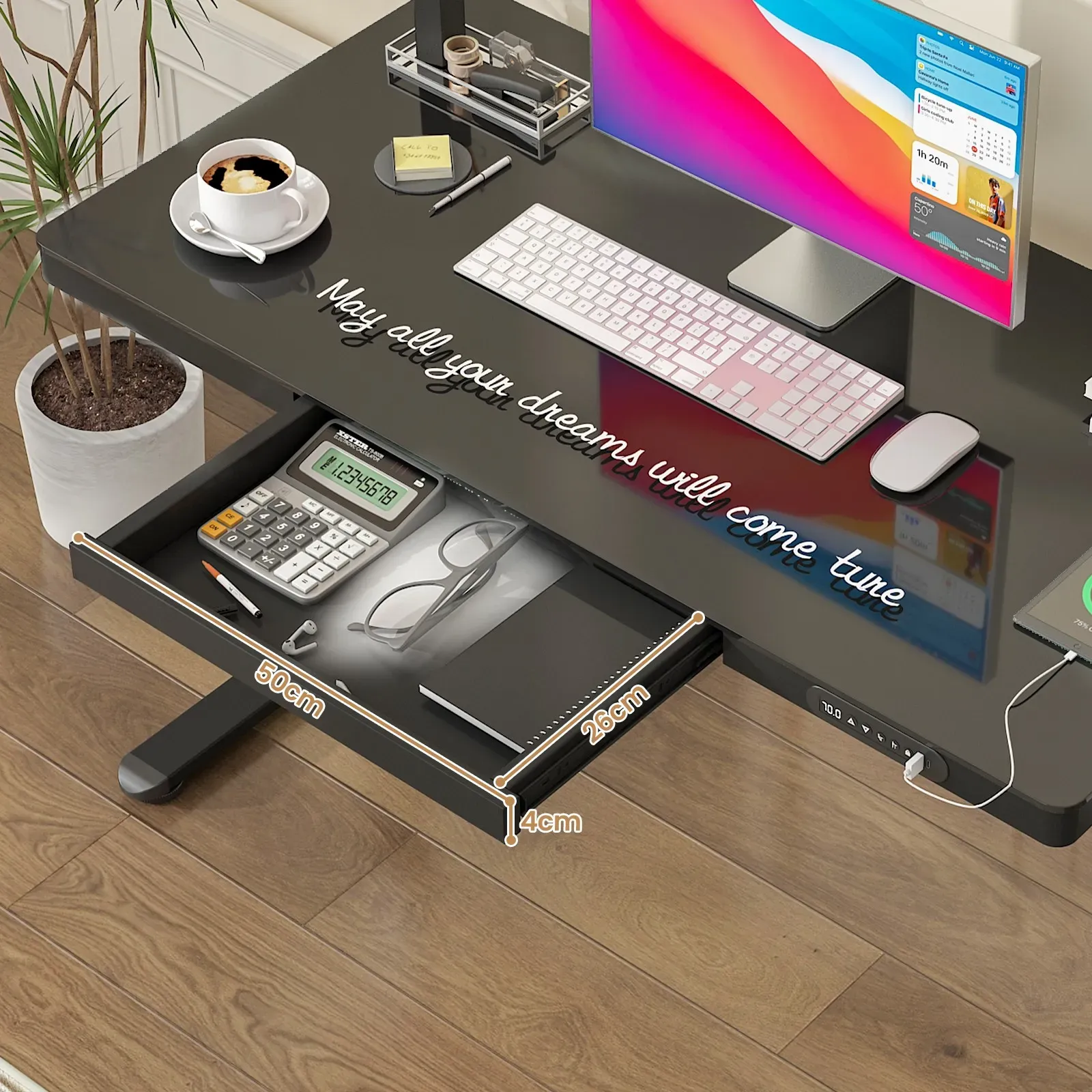 Electric Standing Desk with Drawer, One-Piece Glass Desktop, Black, 120x60cm view 9