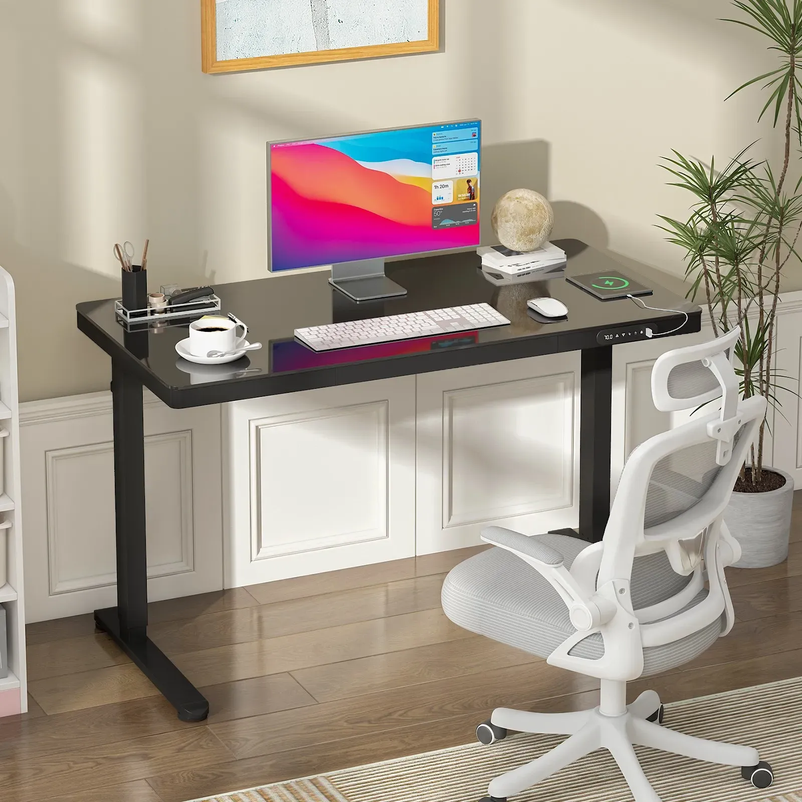Electric Standing Desk with Drawer, One-Piece Glass Desktop, Black, 120x60cm view 10
