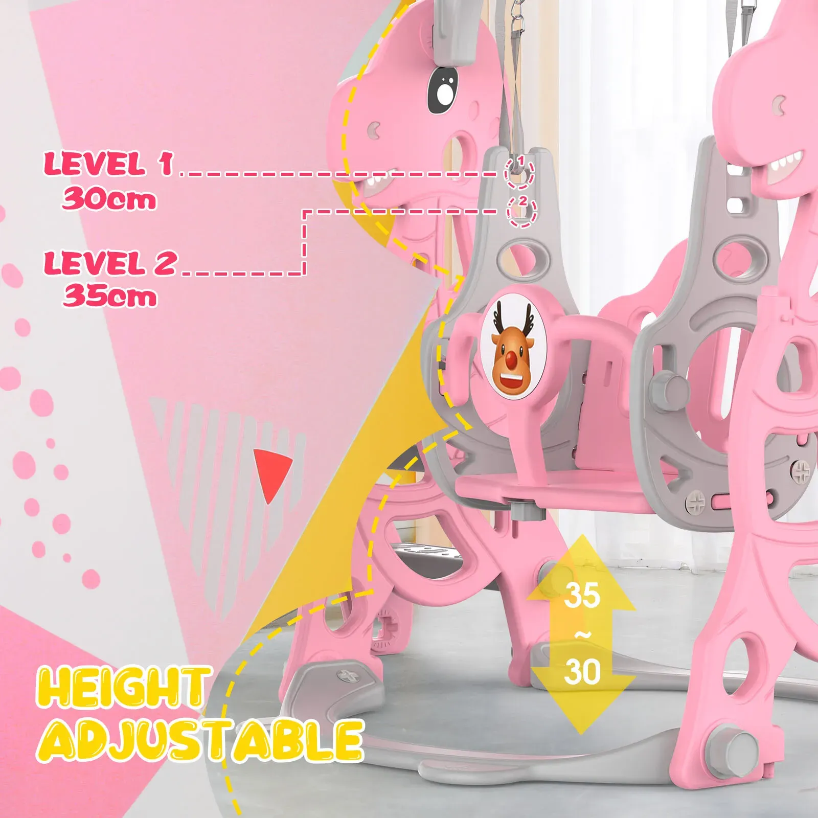 Kids 4 in 1 Slide and Swing Set with Basketball Hoop, Pink, 175x140x115cm view 2