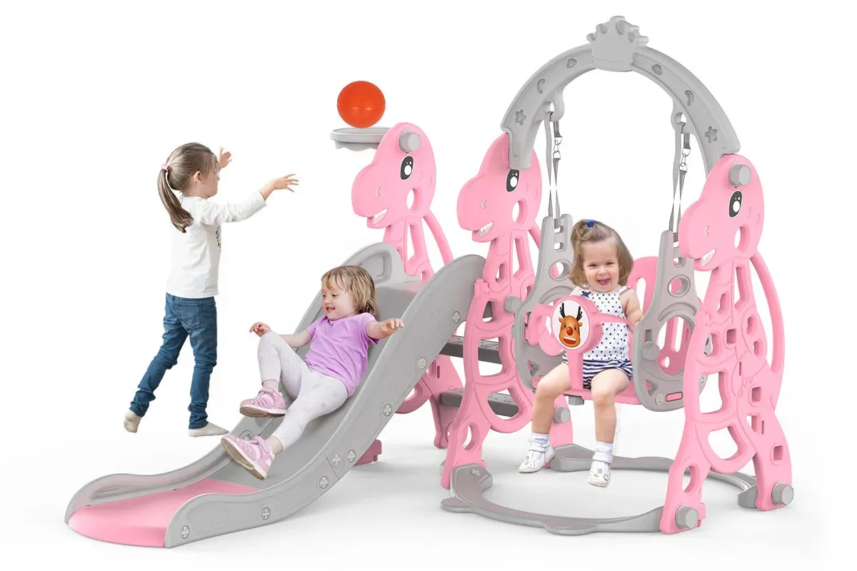 Kids 4 in 1 Slide and Swing Set with Basketball Hoop, Pink, 175x140x115cm view 3