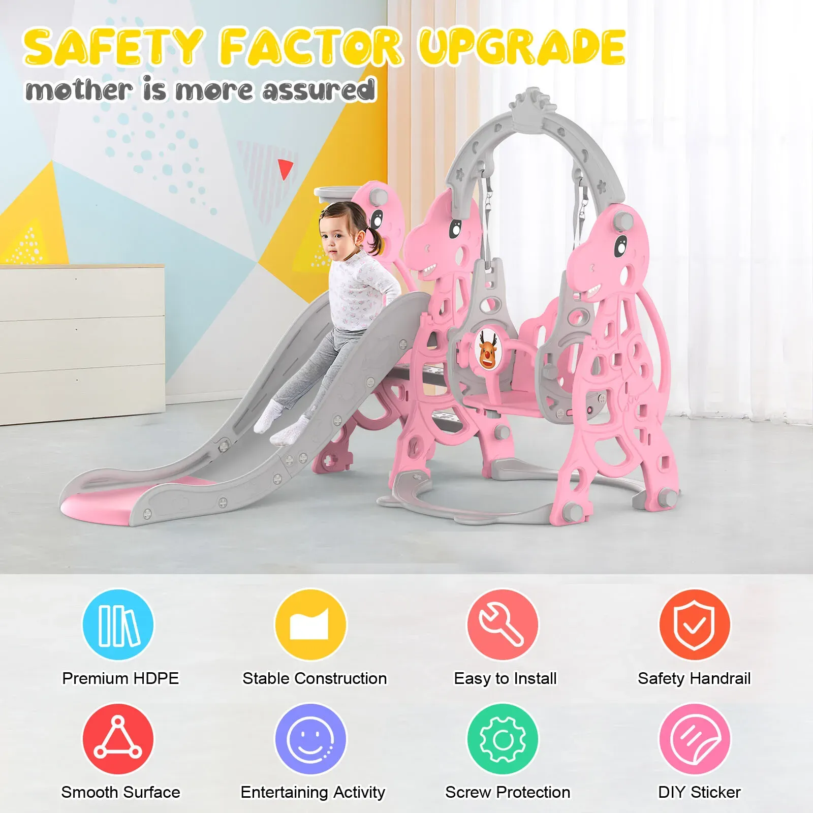 Kids 4 in 1 Slide and Swing Set with Basketball Hoop, Pink, 175x140x115cm view 4