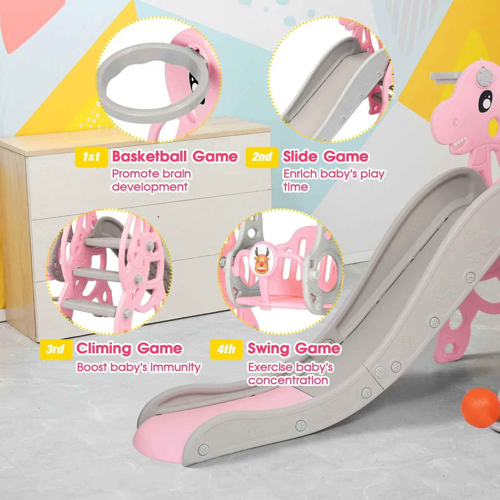 Kids 4 in 1 Slide and Swing Set with Basketball Hoop, Pink, 175x140x115cm view 5