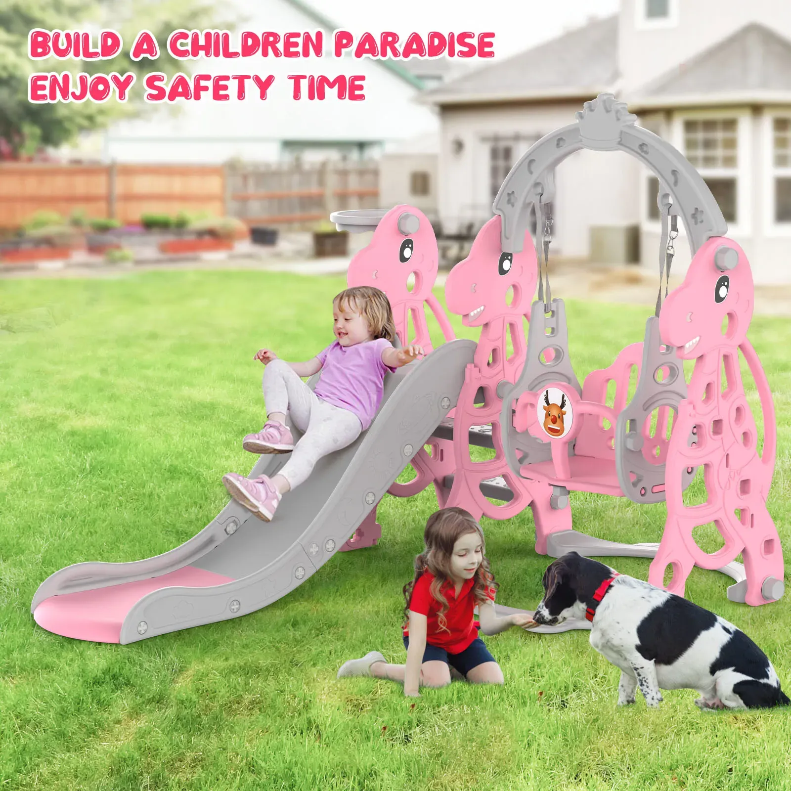 Kids 4 in 1 Slide and Swing Set with Basketball Hoop, Pink, 175x140x115cm view 6