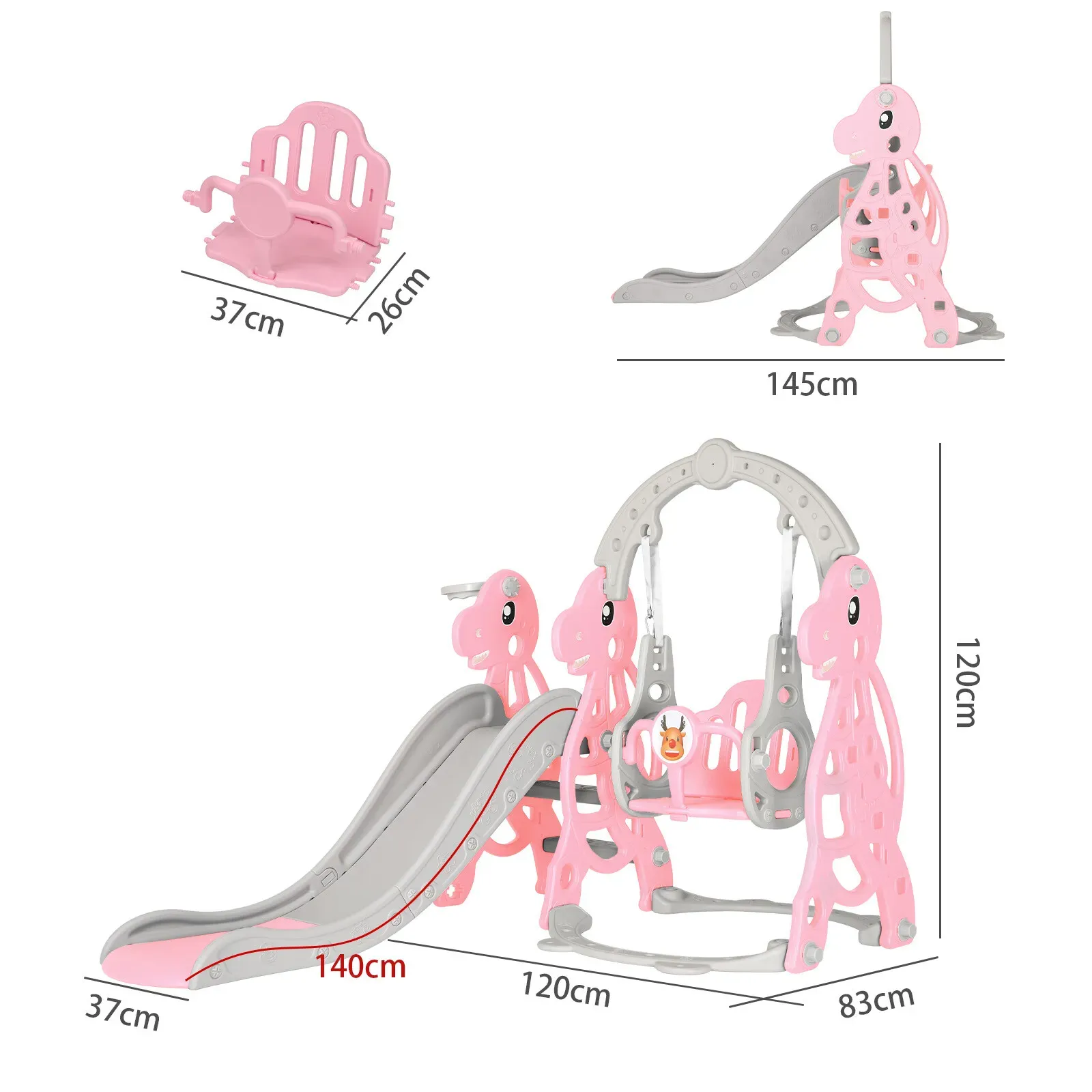 Kids 4 in 1 Slide and Swing Set with Basketball Hoop, Pink, 175x140x115cm view 8