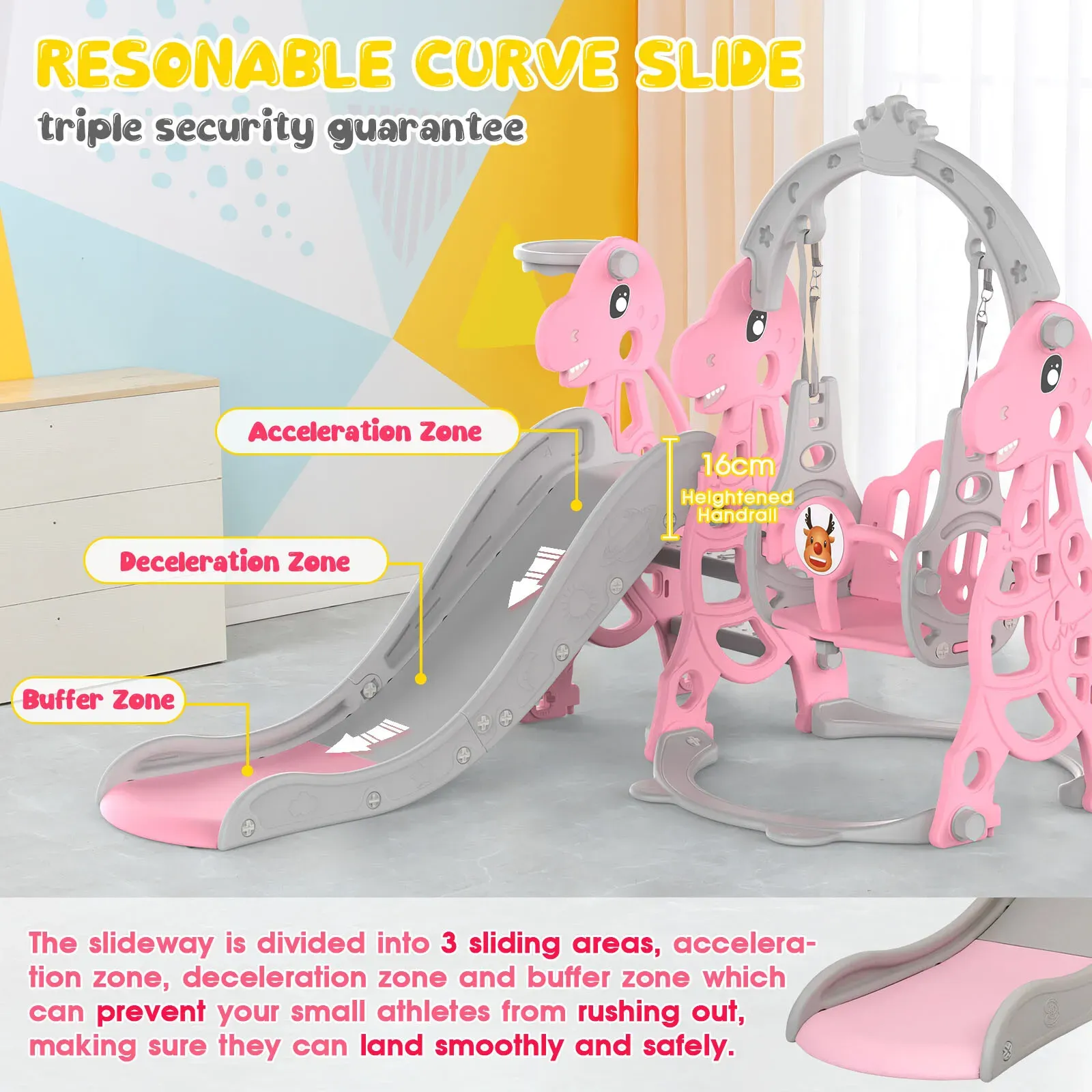 Kids 4 in 1 Slide and Swing Set with Basketball Hoop, Pink, 175x140x115cm view 9