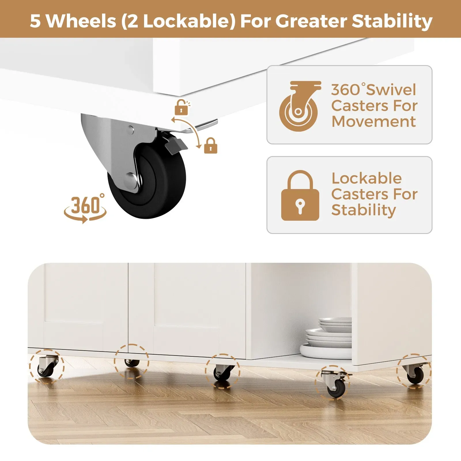 Kitchen Island Cart on Wheels with Charging Station, White, 83x38x82cm view 3