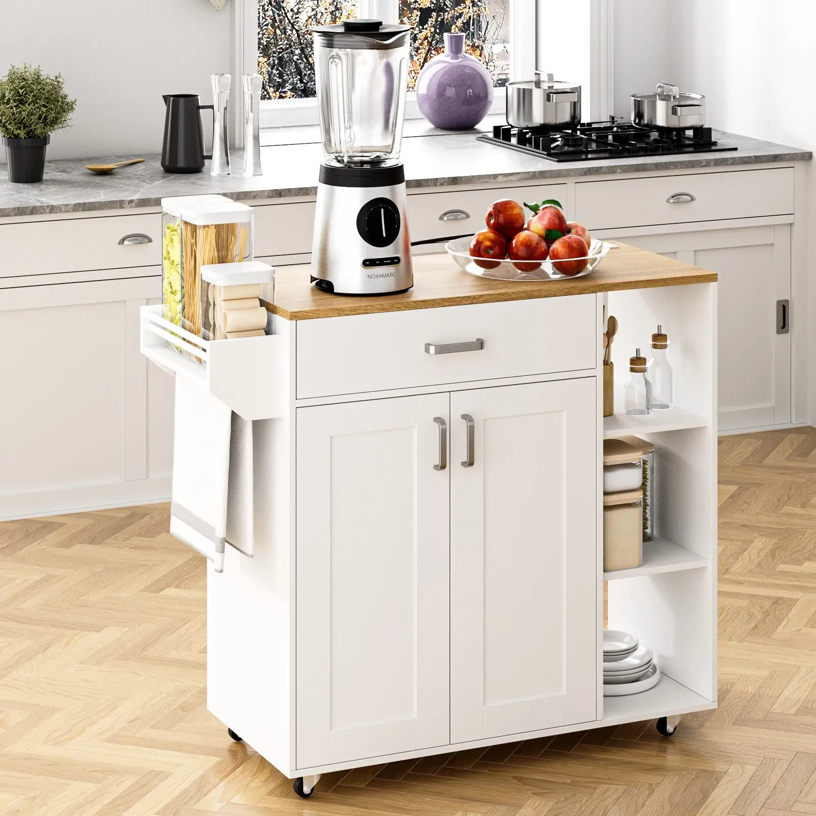 Kitchen Island Cart on Wheels with Charging Station, White, 83x38x82cm view 4