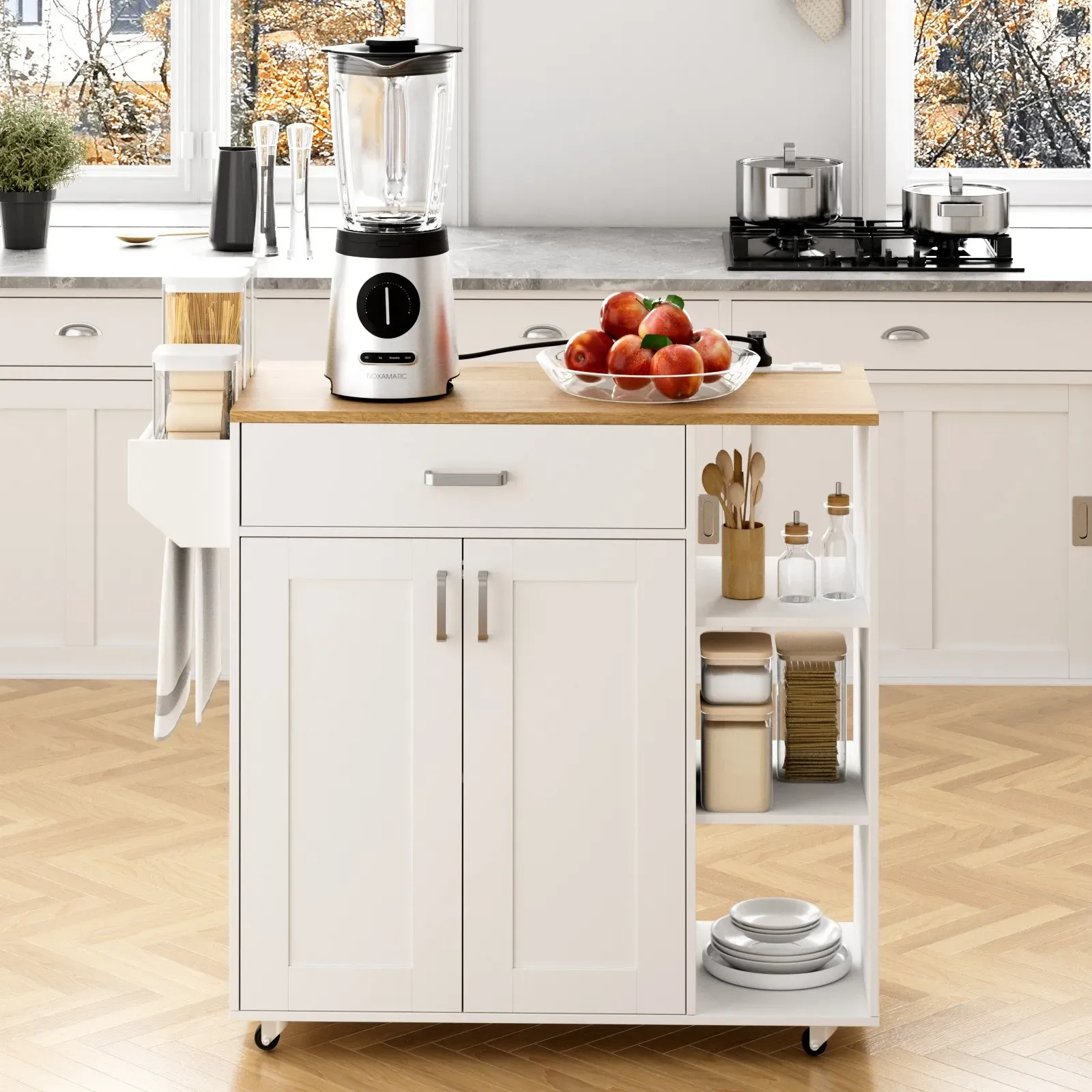 Kitchen Island Cart on Wheels with Charging Station, White, 83x38x82cm view 6