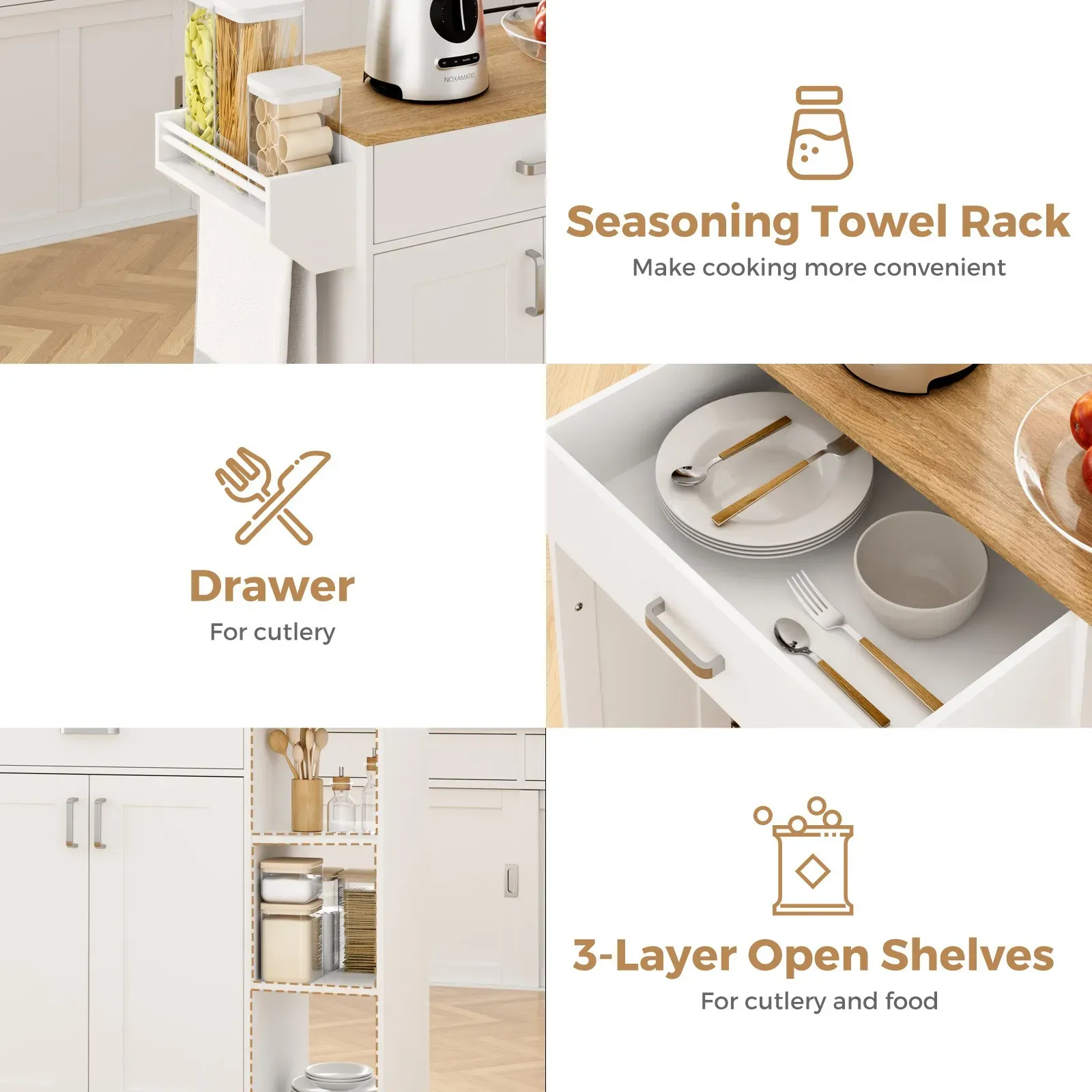 Kitchen Island Cart on Wheels with Charging Station, White, 83x38x82cm view 8