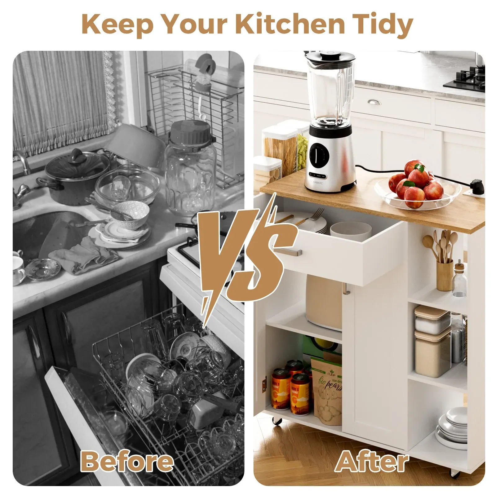 Kitchen Island Cart on Wheels with Charging Station, White, 83x38x82cm view 9