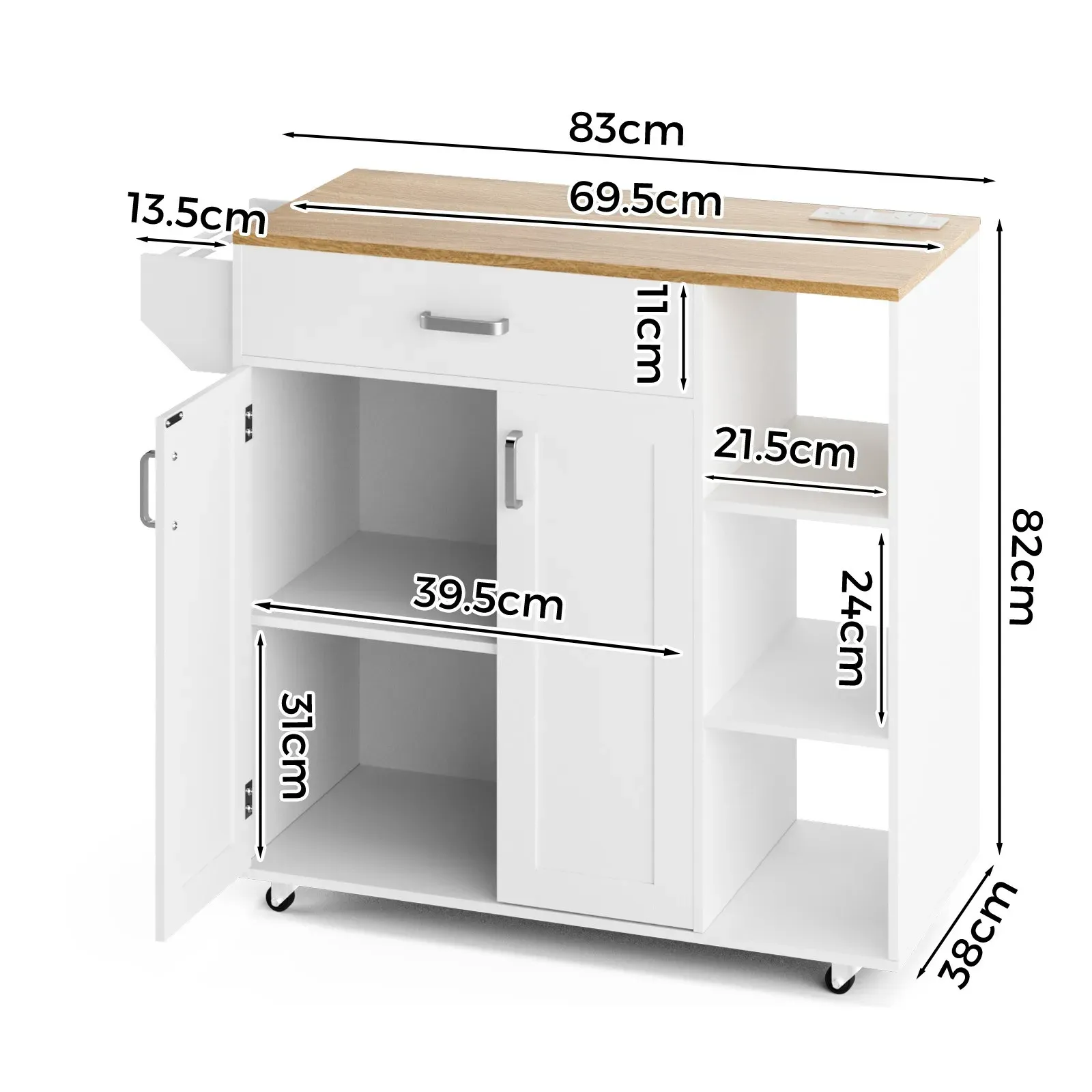 Kitchen Island Cart on Wheels with Charging Station, White, 83x38x82cm view 10