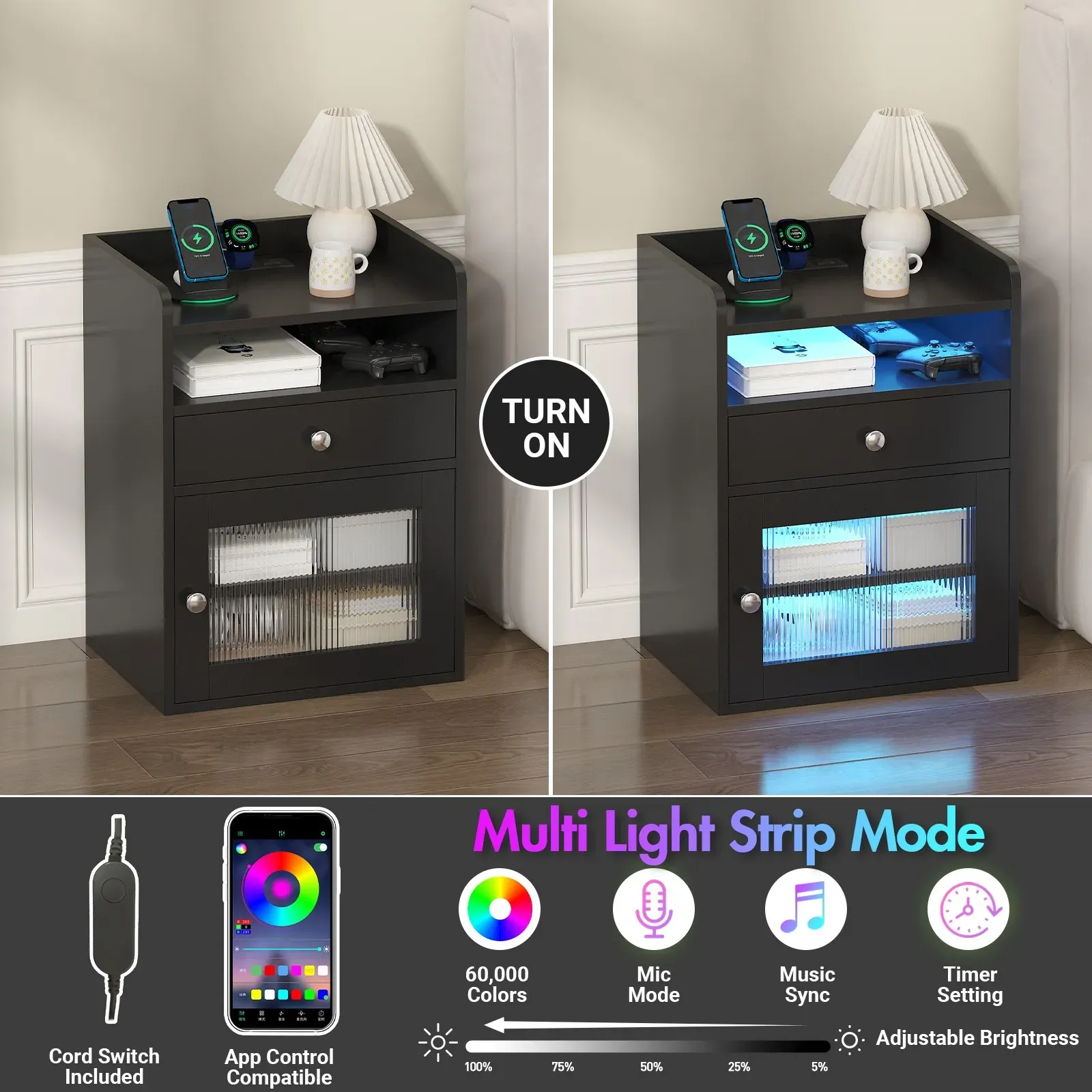 Black Bedside Table with Acrylic Door, Charging Station and RGB LED Light view 2