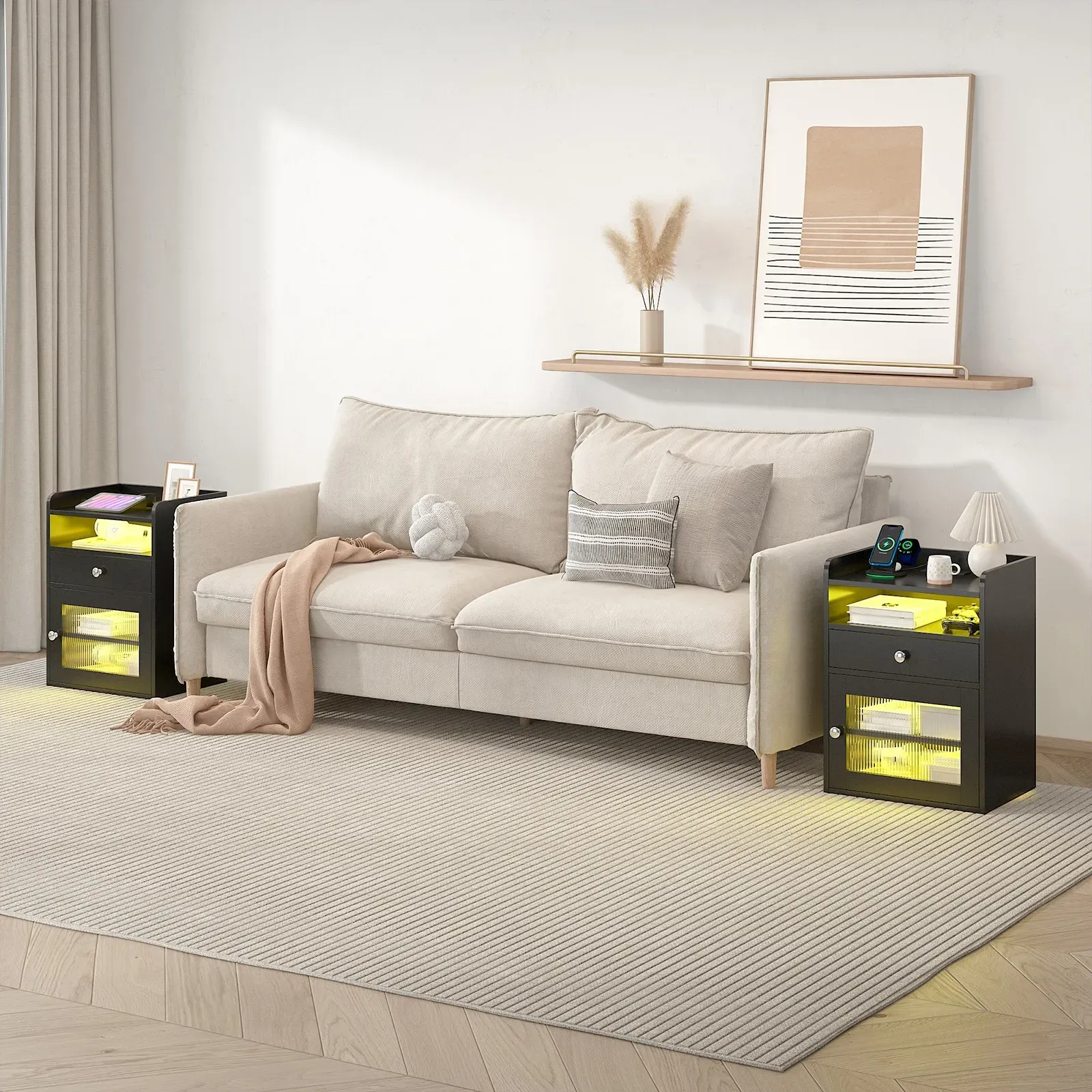 Black Bedside Table with Acrylic Door, Charging Station and RGB LED Light view 3