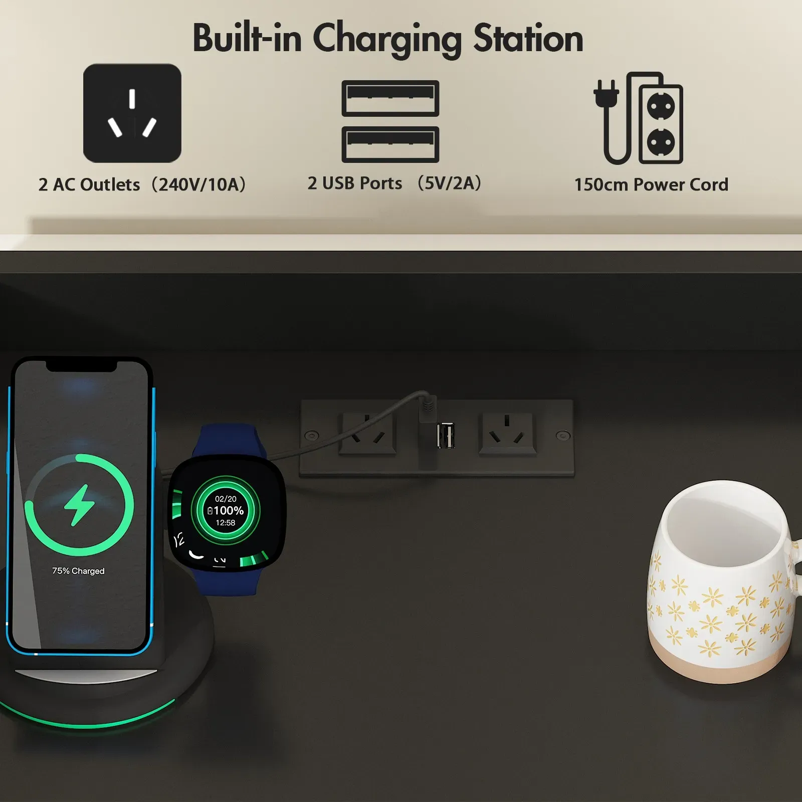 Black Bedside Table with Acrylic Door, Charging Station and RGB LED Light view 4