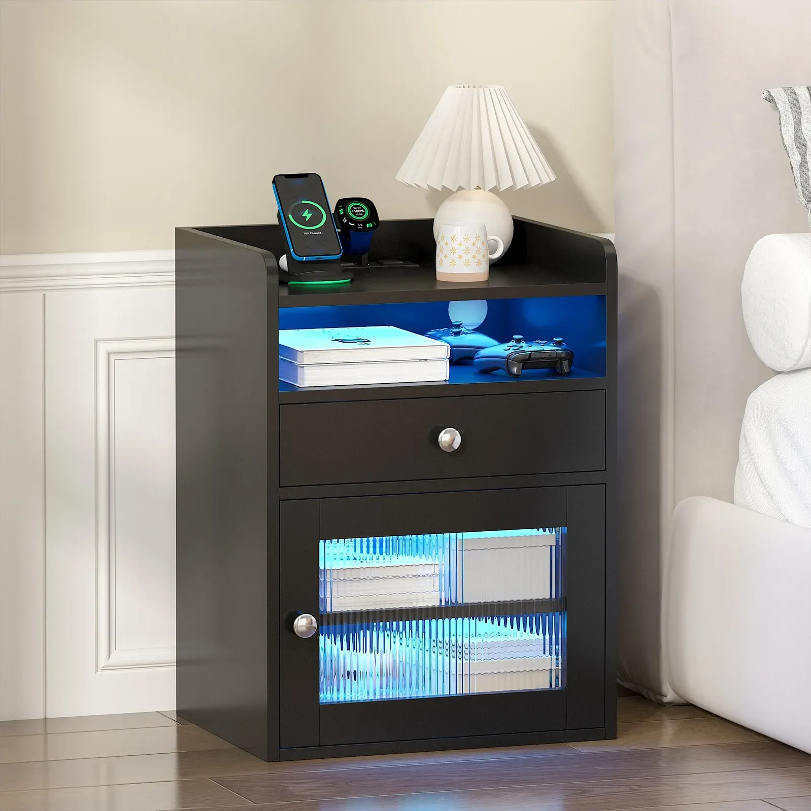 Black Bedside Table with Acrylic Door, Charging Station and RGB LED Light view 5