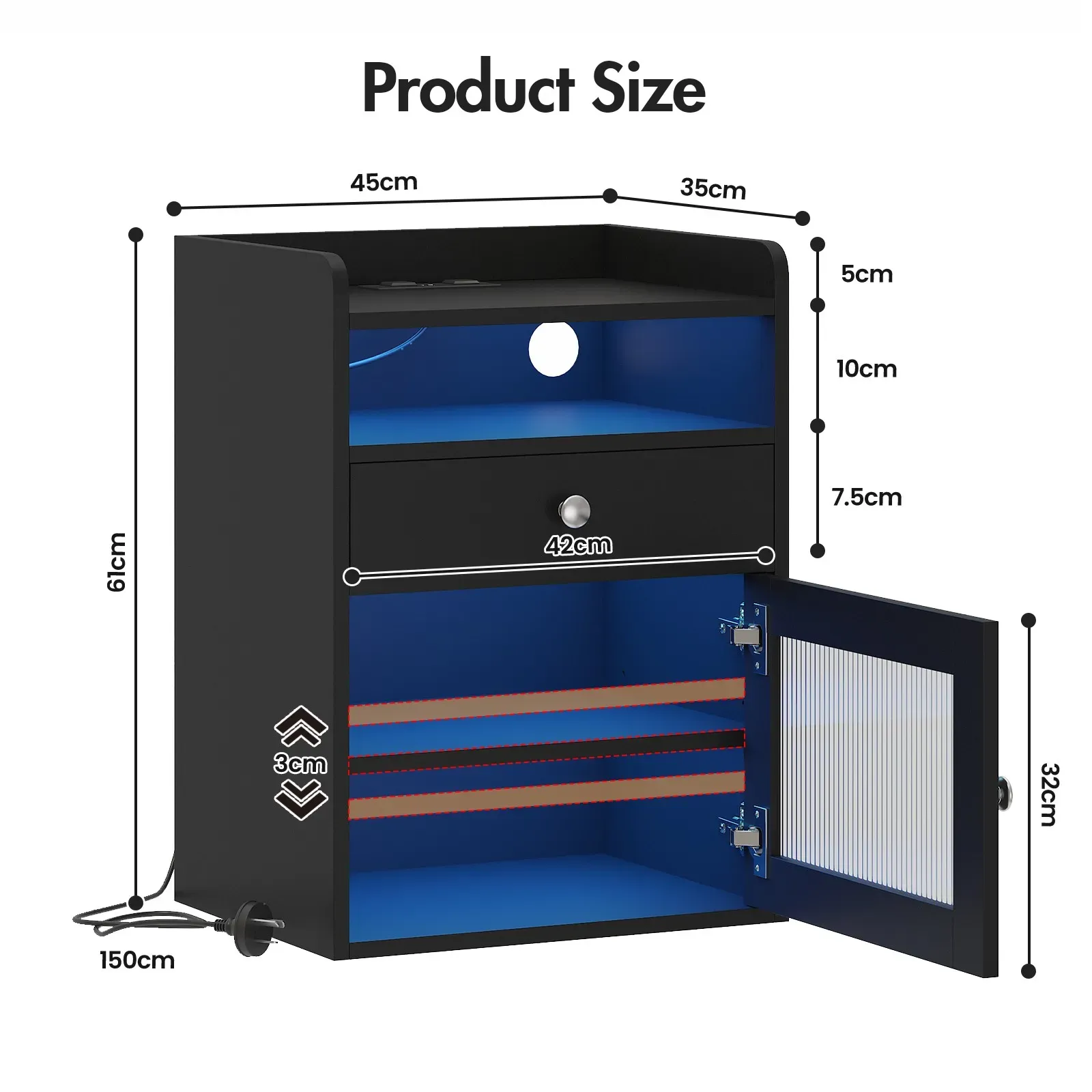 Black Bedside Table with Acrylic Door, Charging Station and RGB LED Light view 6