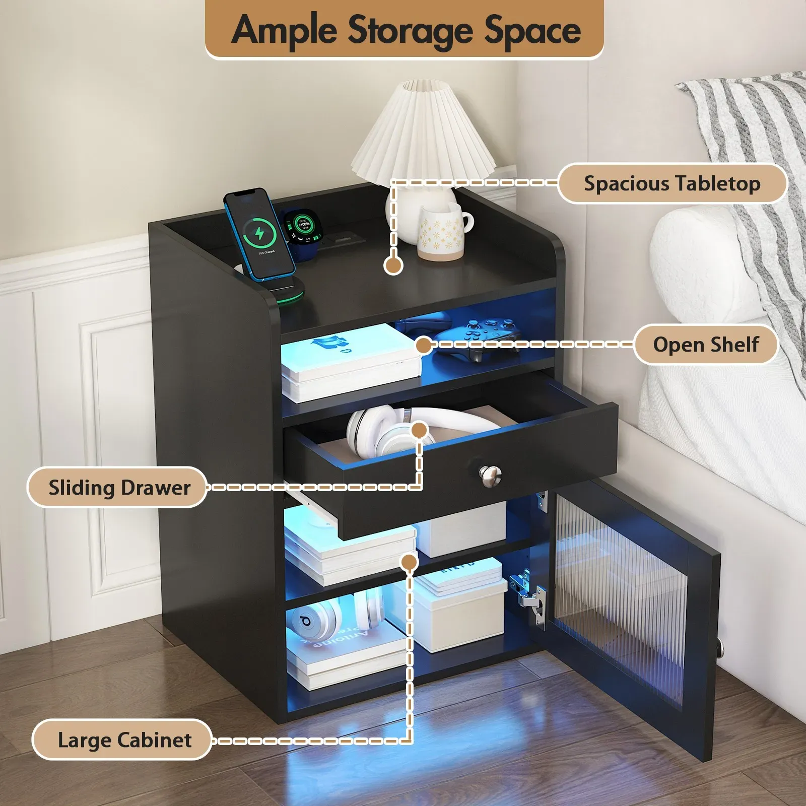 Black Bedside Table with Acrylic Door, Charging Station and RGB LED Light view 7