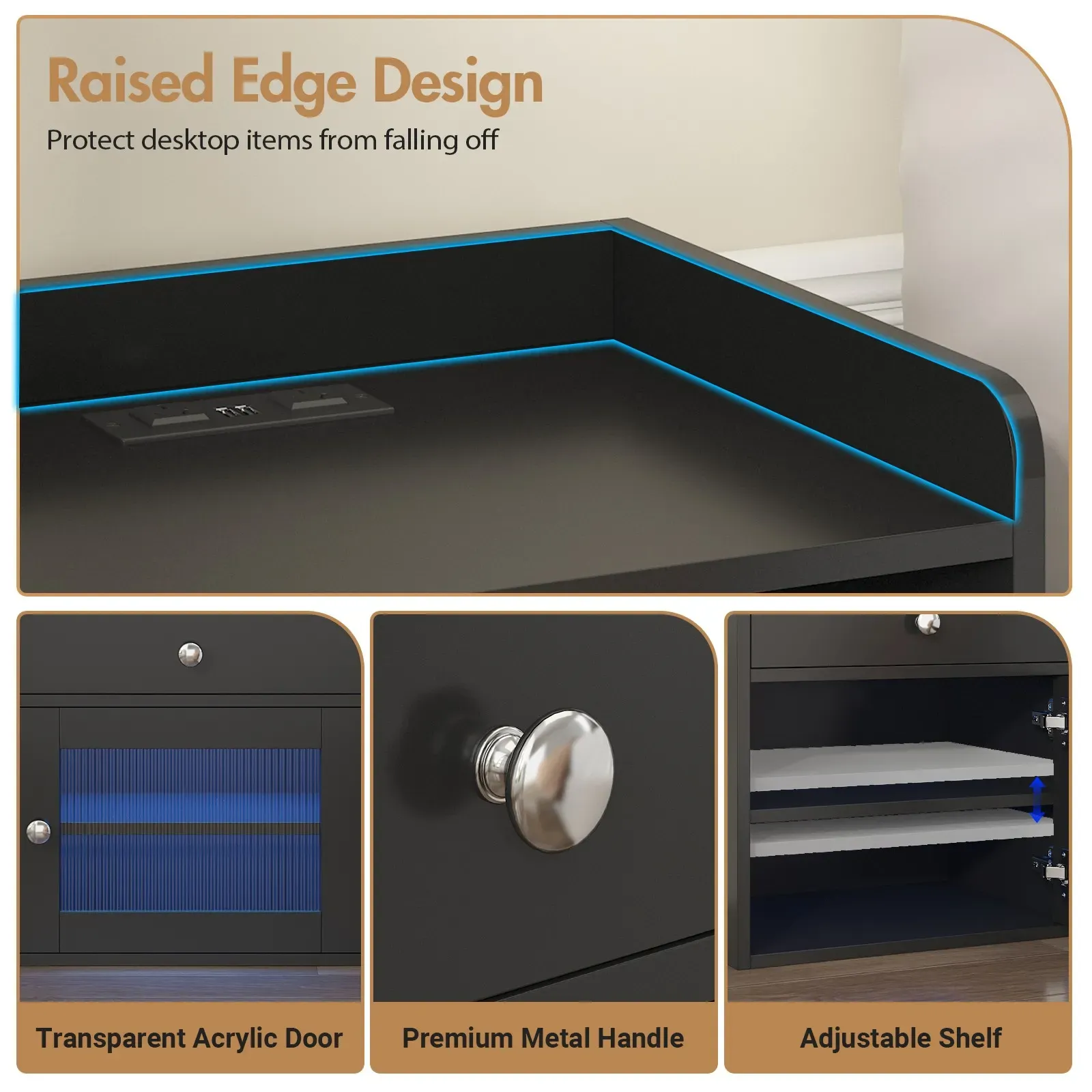 Black Bedside Table with Acrylic Door, Charging Station and RGB LED Light view 8
