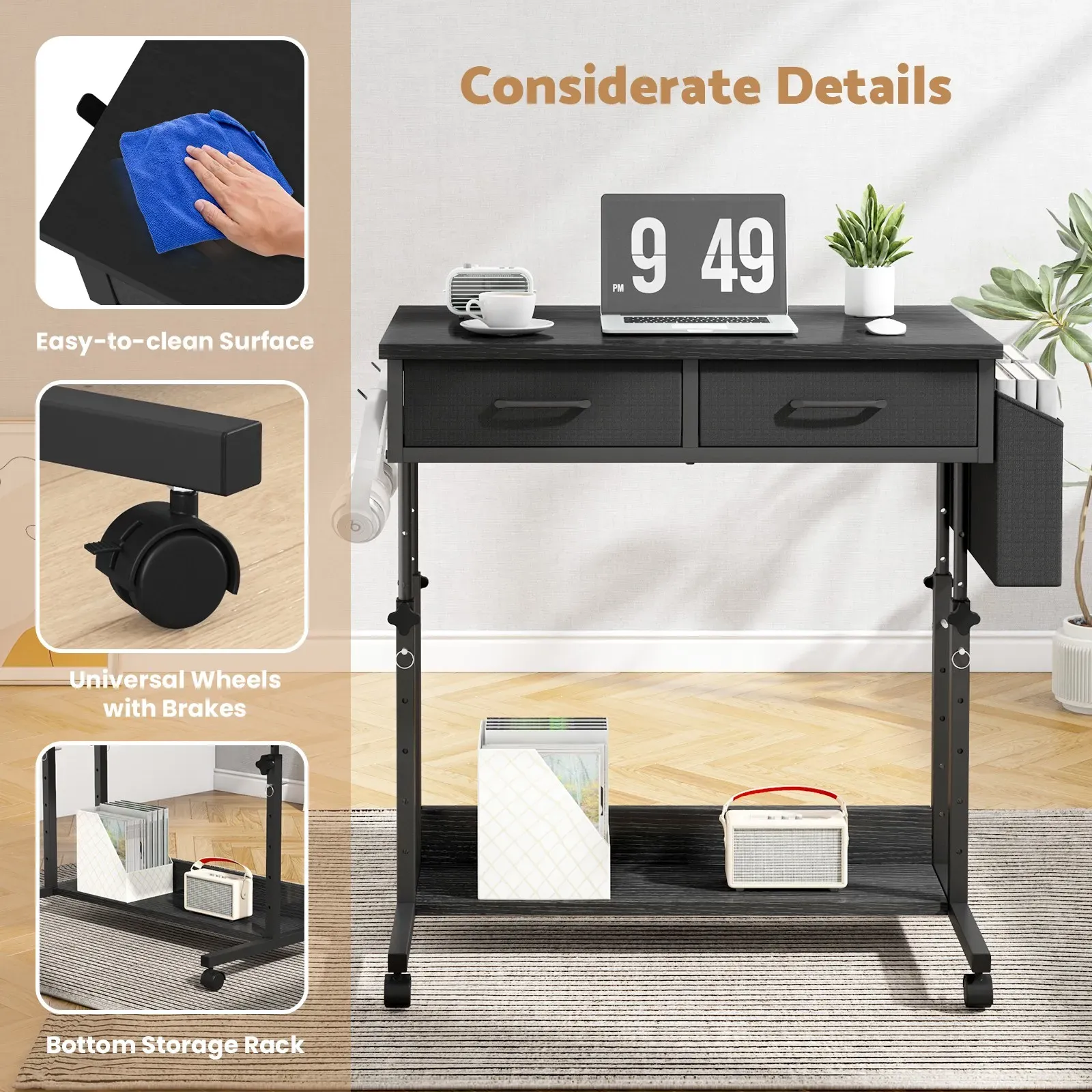 Small Portable Black Rolling Standing Desk with Wheels 80 x 48cm view 2