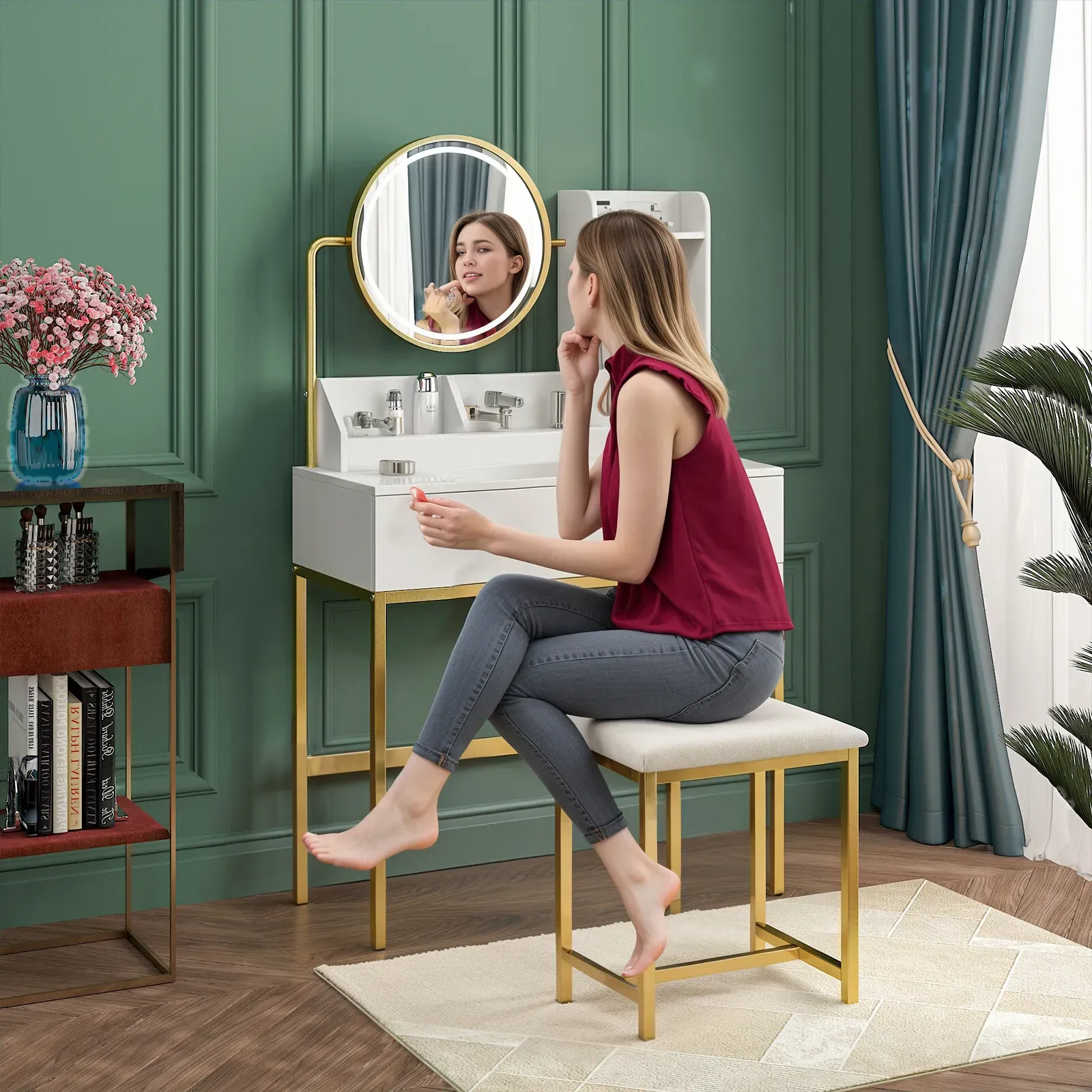 Dressing Table Stool Set in White & Gold with LED Lights and Charging Station view 3