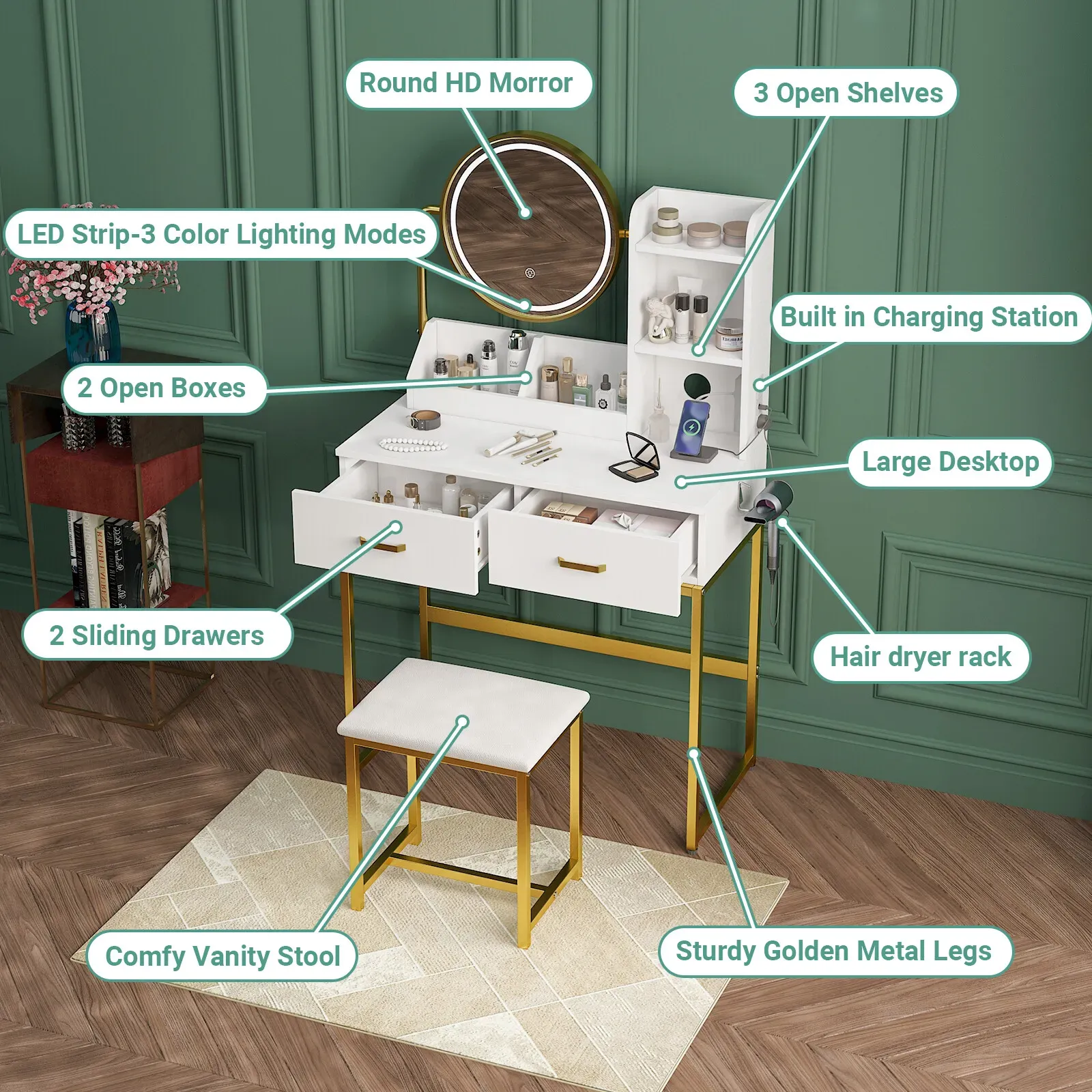Dressing Table Stool Set in White & Gold with LED Lights and Charging Station view 4