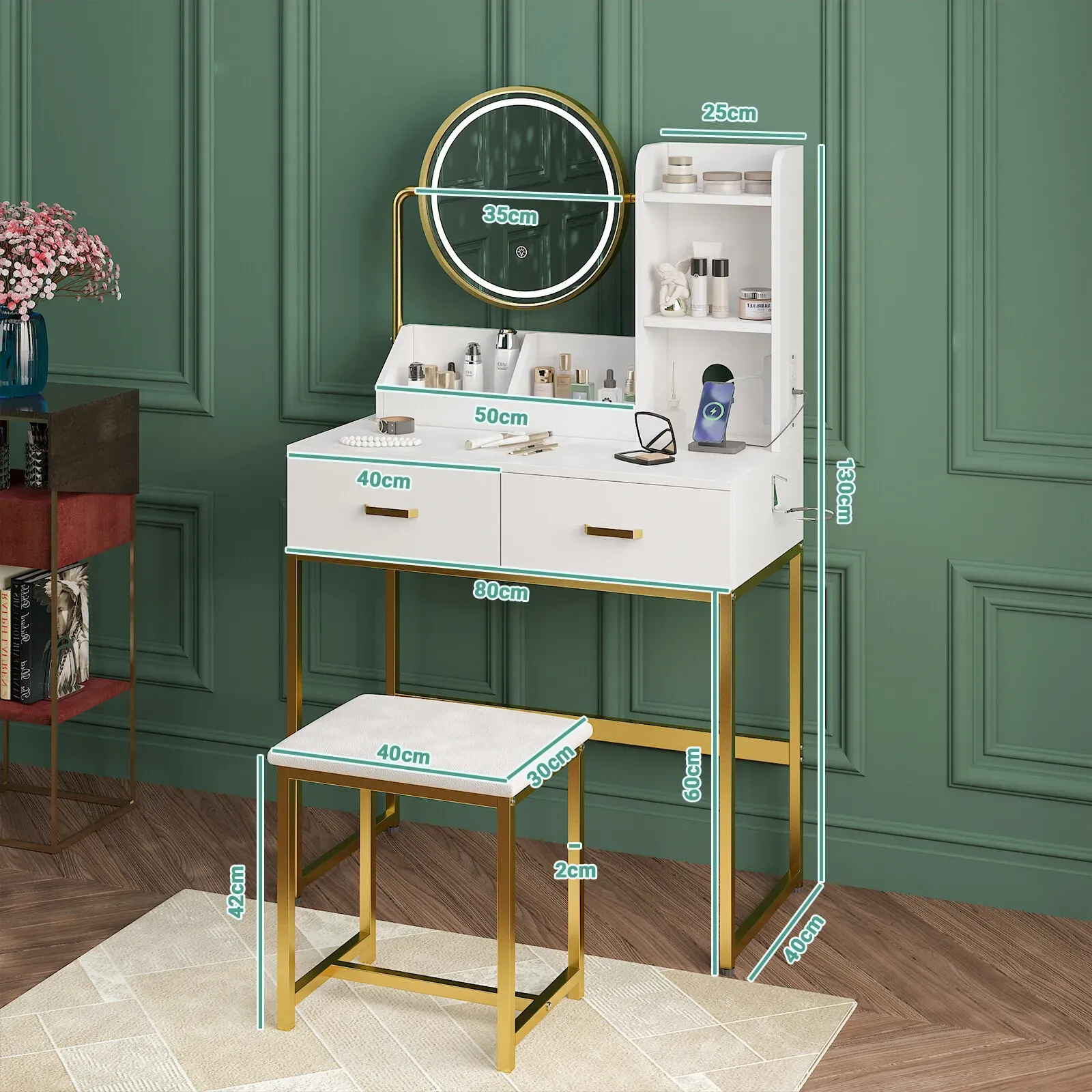 Dressing Table Stool Set in White & Gold with LED Lights and Charging Station view 6