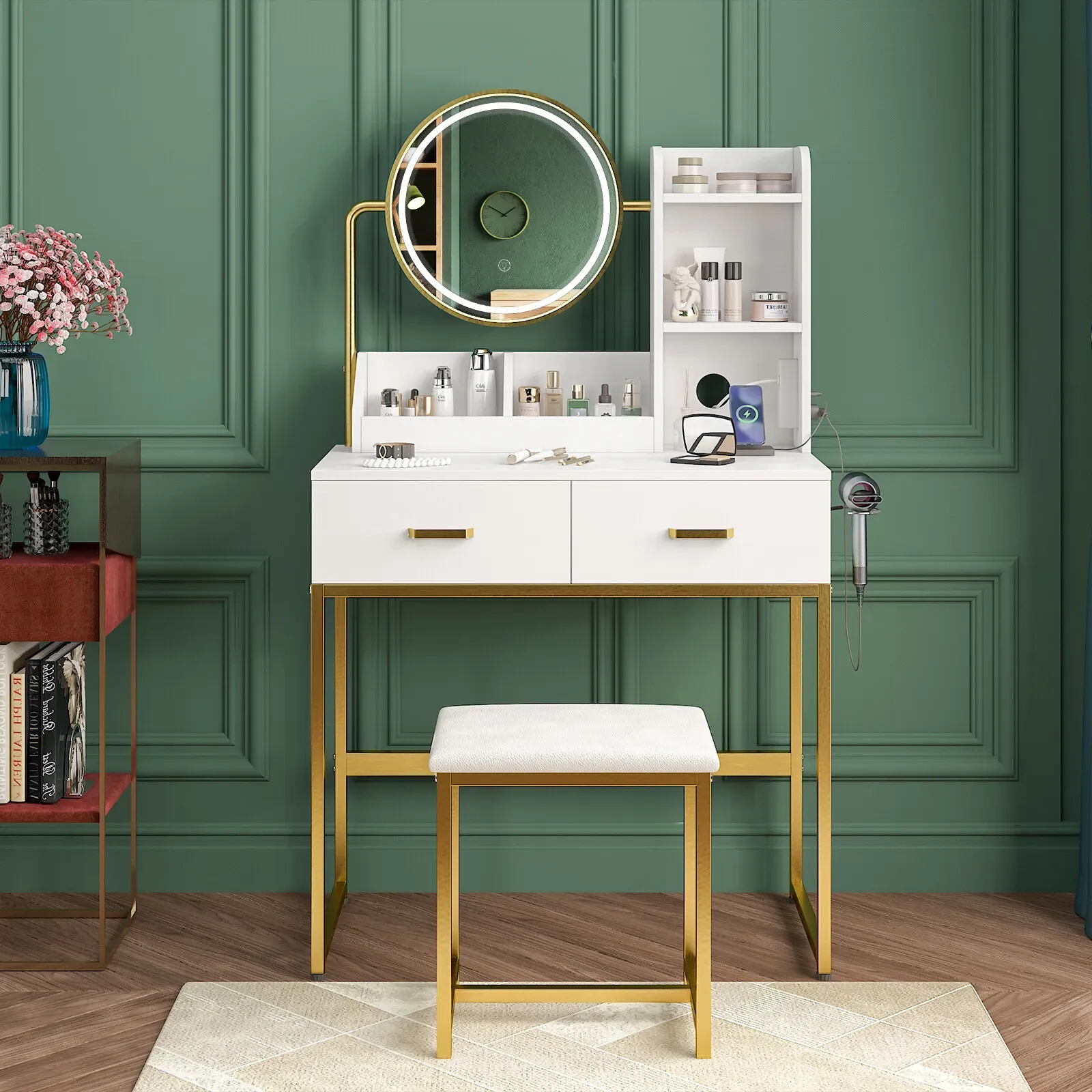 Dressing Table Stool Set in White & Gold with LED Lights and Charging Station view 8