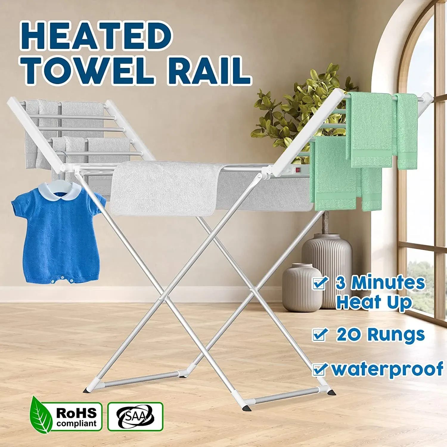 White 220W Electric Heated Towel Rack in Silver with 20 Bars for Fast Drying view 2