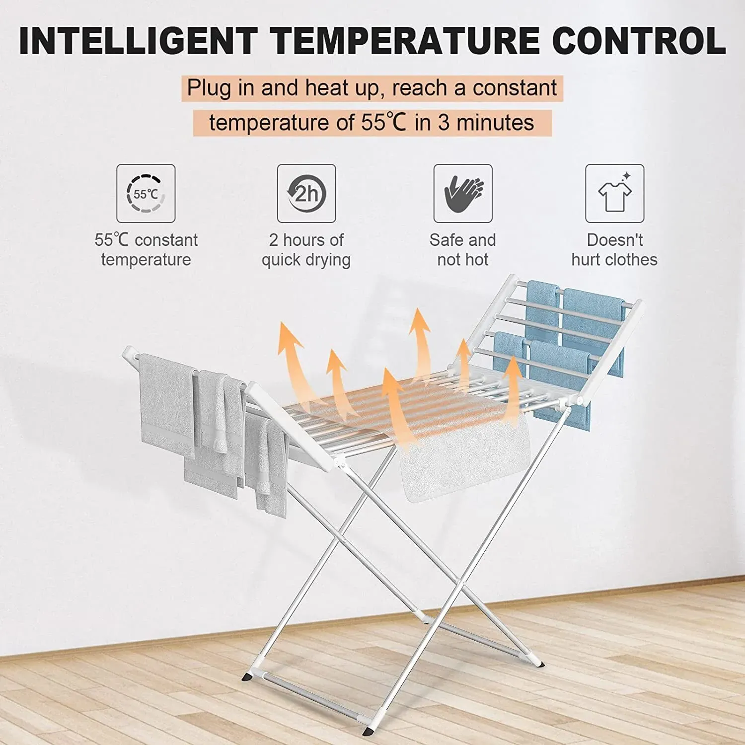 White 220W Electric Heated Towel Rack in Silver with 20 Bars for Fast Drying view 6