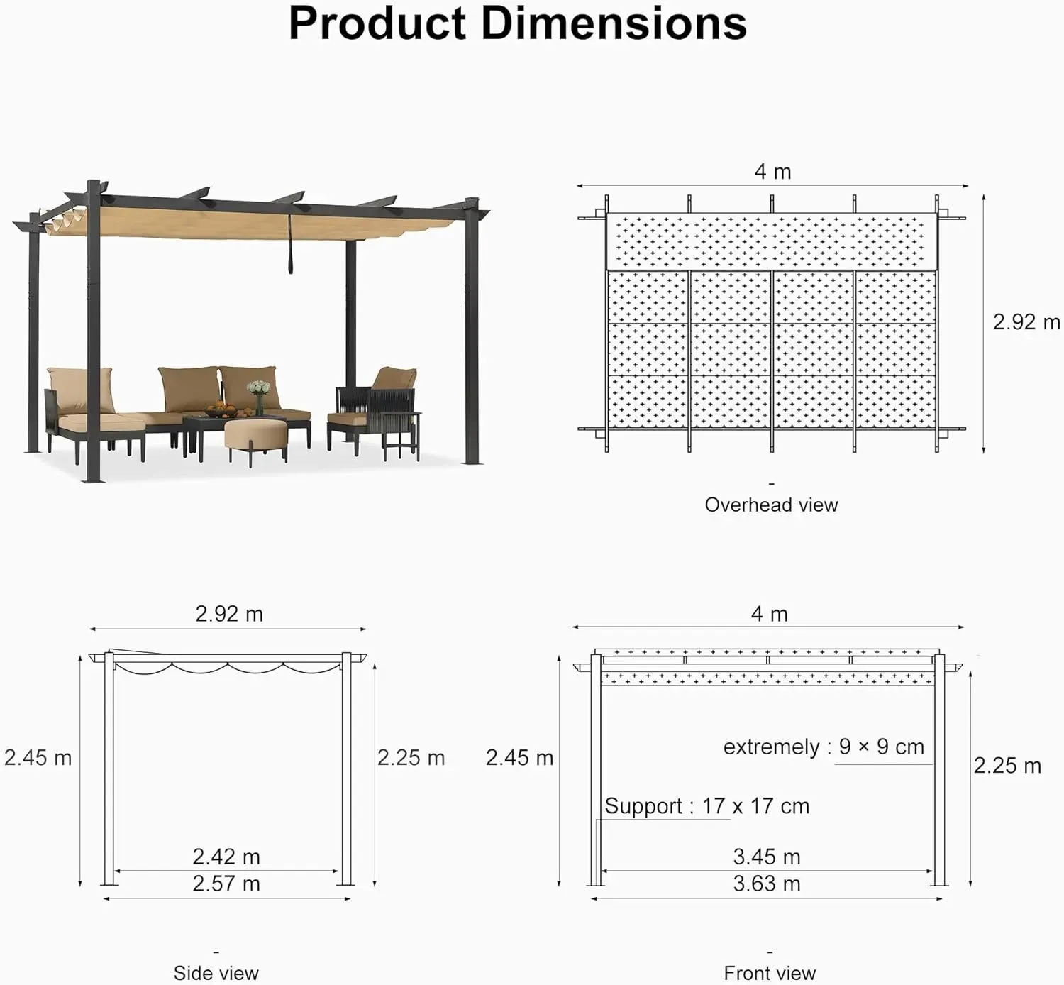 3x4m Beige Outdoor Garden Pergola with Extra Inclined Top Patio Gazebo view 7