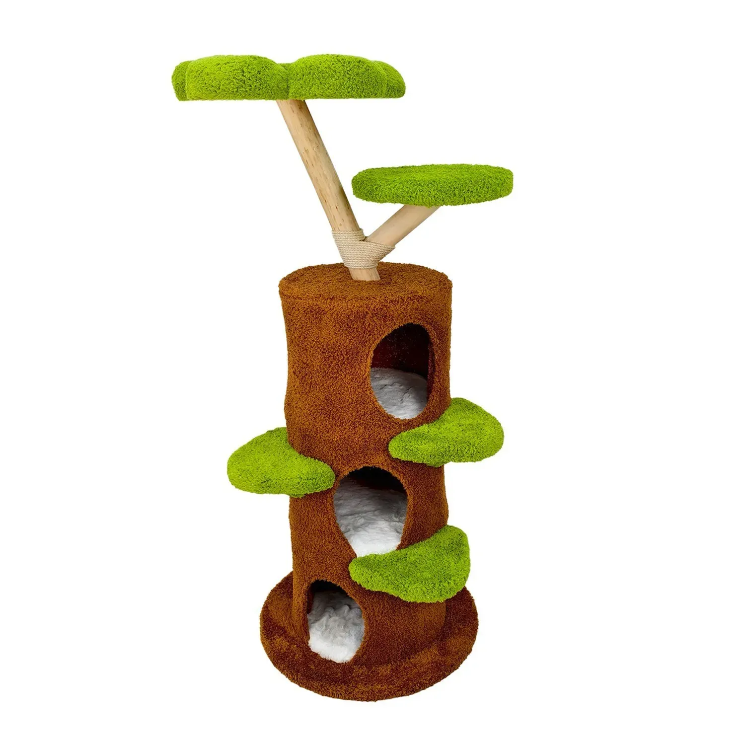Large Multi-Level Cat Tree Tower in Green & Brown with Plush and Wood Design