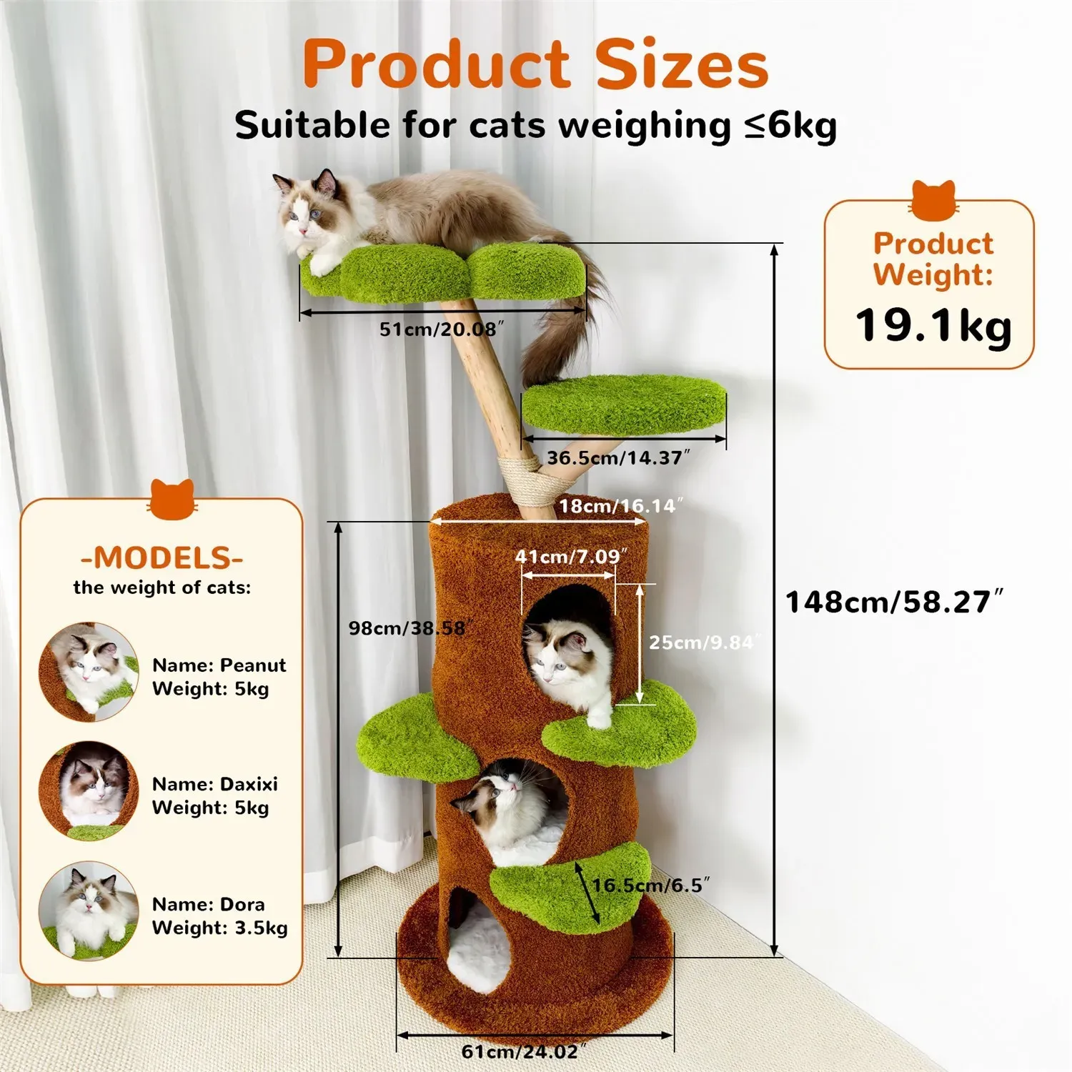 Large Multi-Level Cat Tree Tower in Green & Brown with Plush and Wood Design view 2