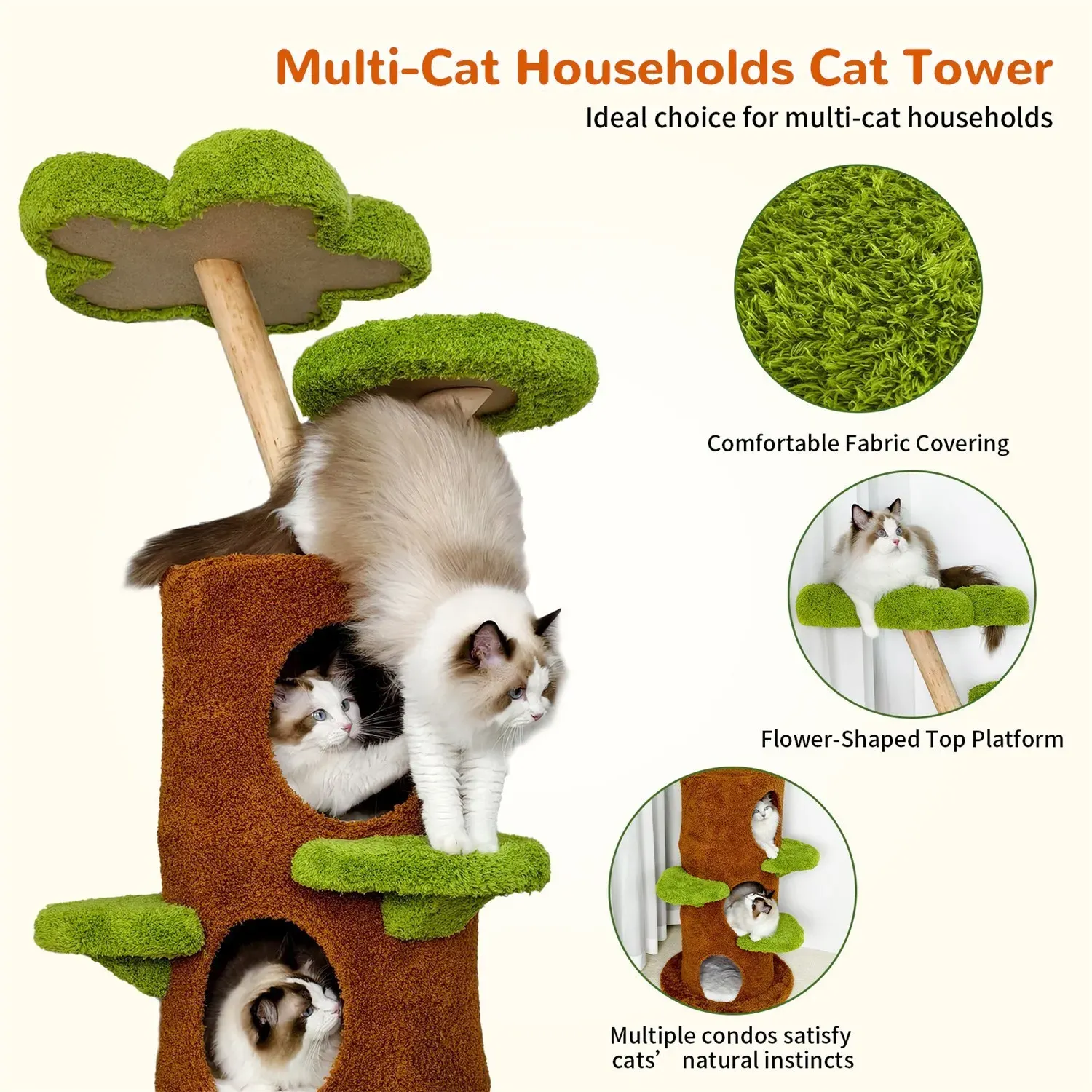 Large Multi-Level Cat Tree Tower in Green & Brown with Plush and Wood Design view 3