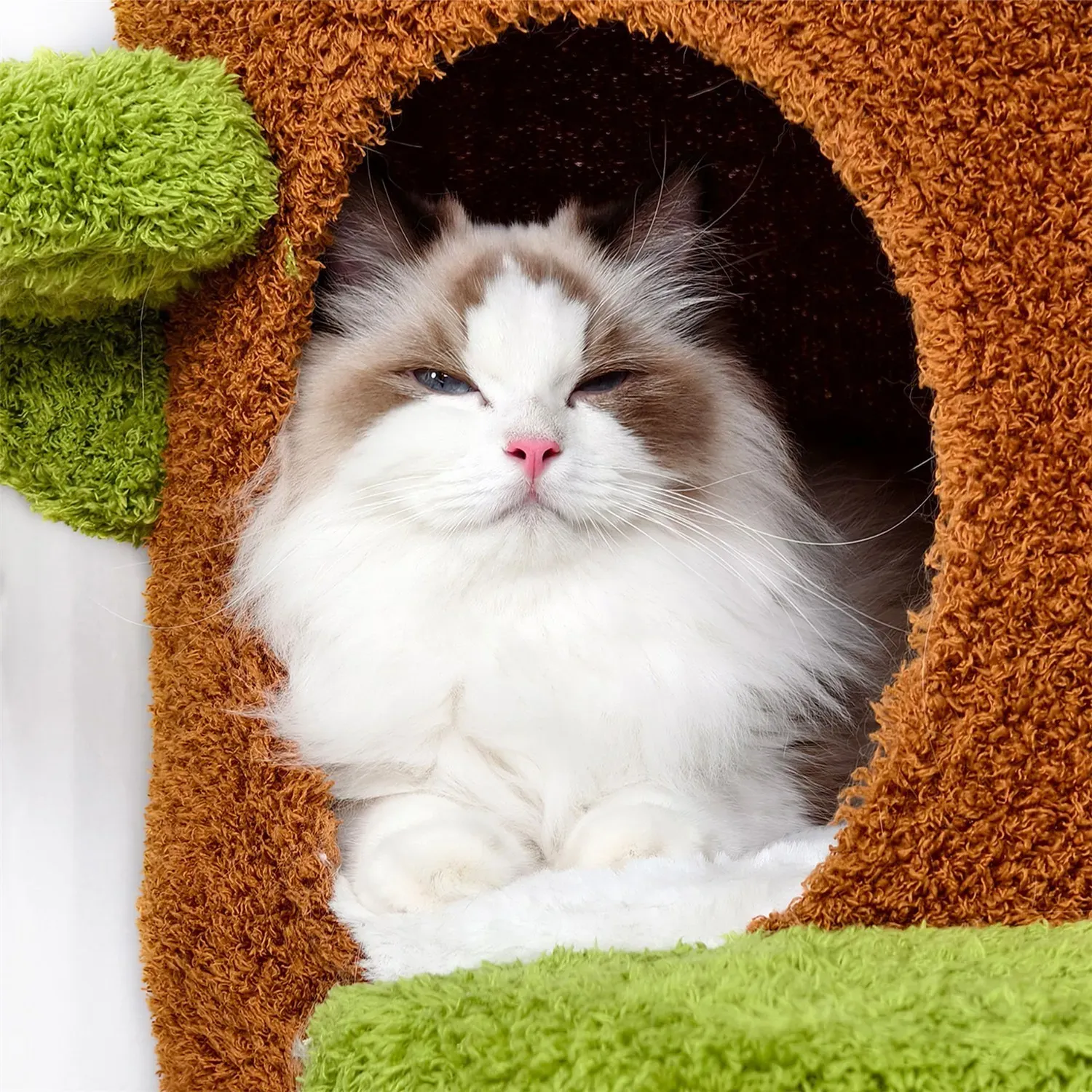 Large Multi-Level Cat Tree Tower in Green & Brown with Plush and Wood Design view 4