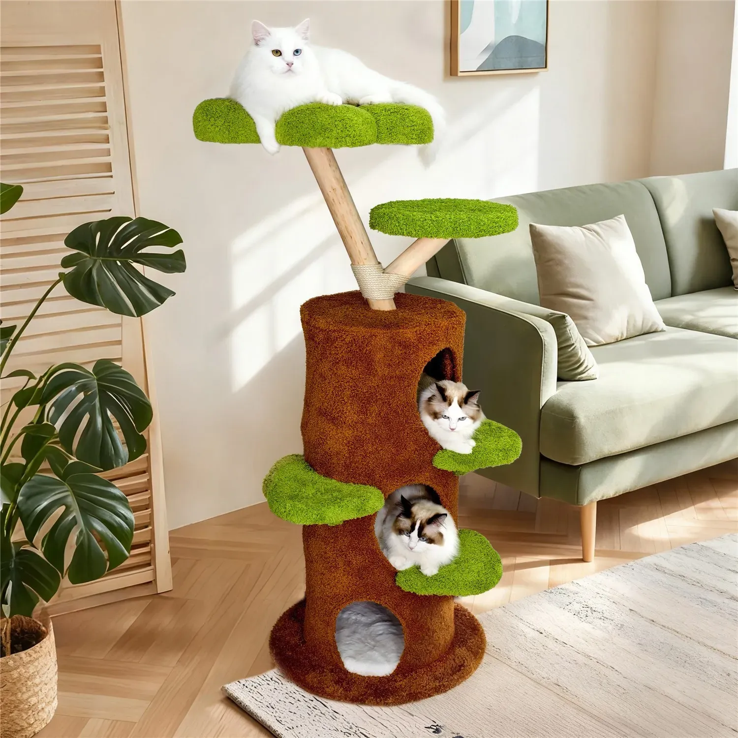 Large Multi-Level Cat Tree Tower in Green & Brown with Plush and Wood Design view 5