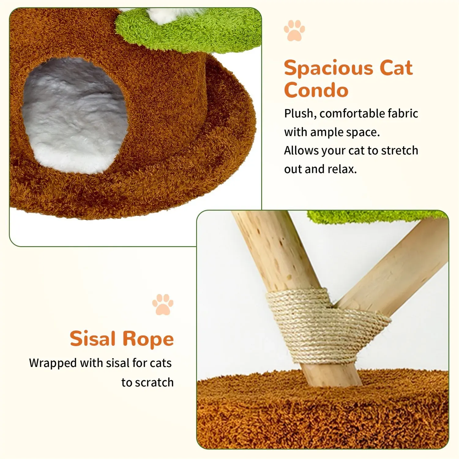 Large Multi-Level Cat Tree Tower in Green & Brown with Plush and Wood Design view 6