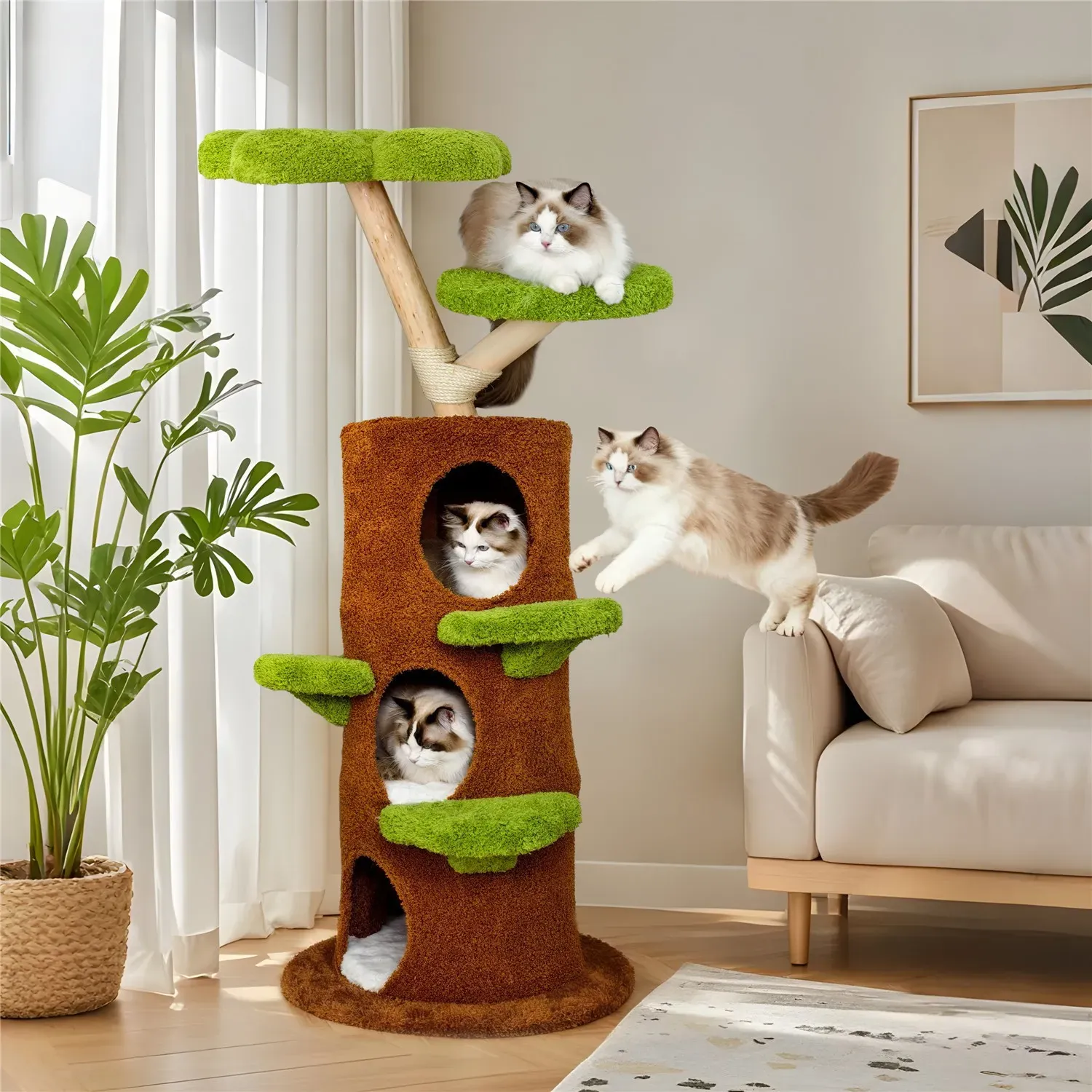 Large Multi-Level Cat Tree Tower in Green & Brown with Plush and Wood Design view 7