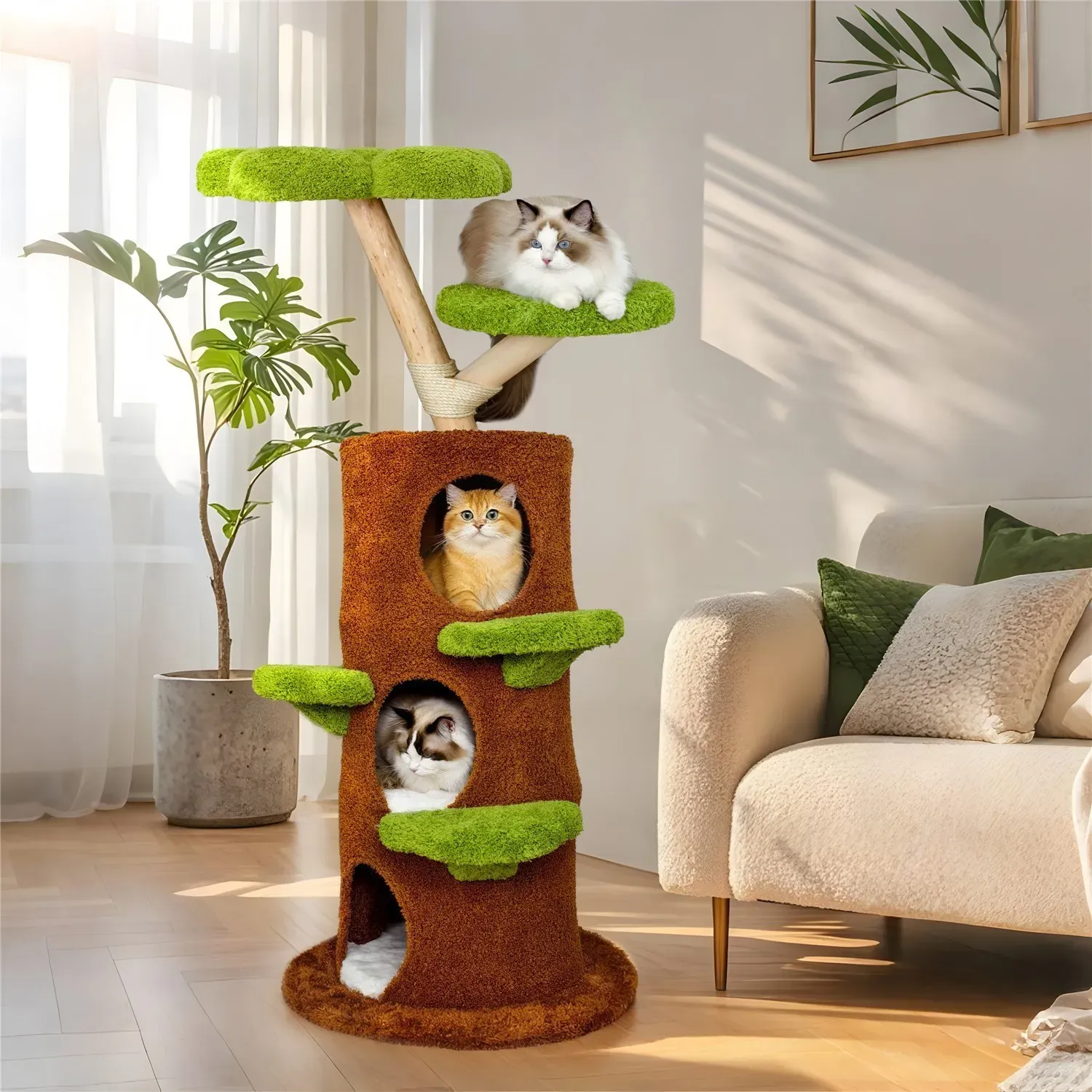 Large Multi-Level Cat Tree Tower in Green & Brown with Plush and Wood Design view 8