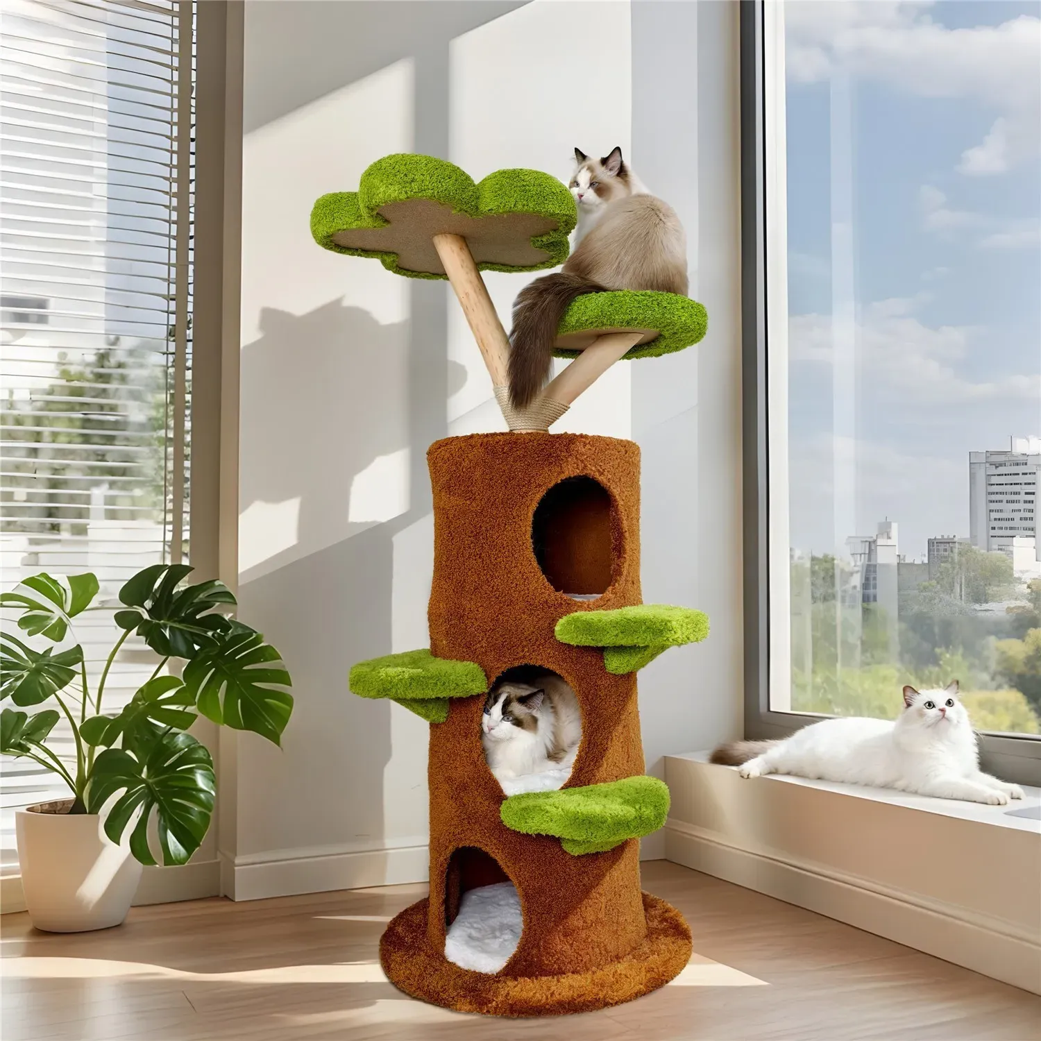 Large Multi-Level Cat Tree Tower in Green & Brown with Plush and Wood Design view 9