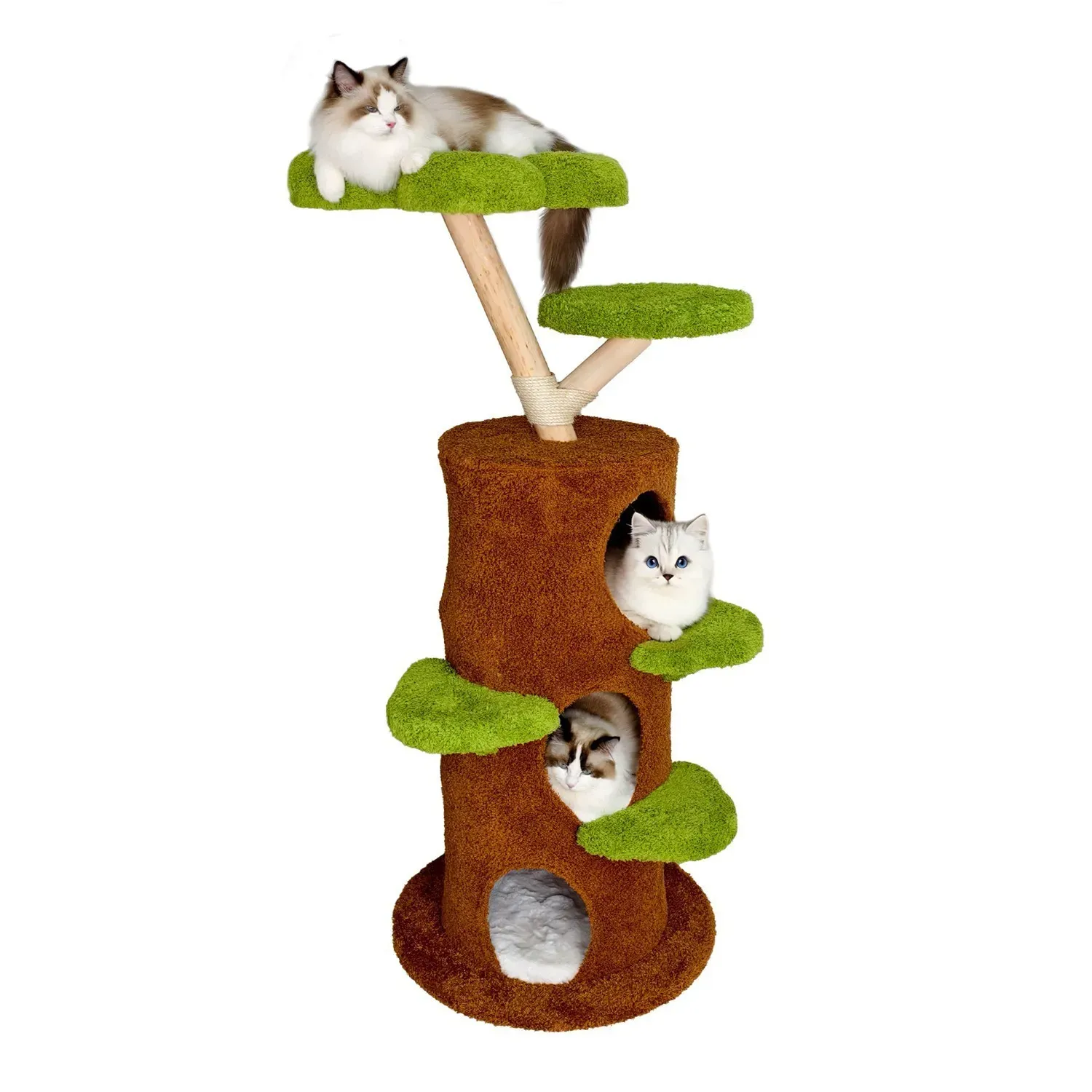 Large Multi-Level Cat Tree Tower in Green & Brown with Plush and Wood Design view 10